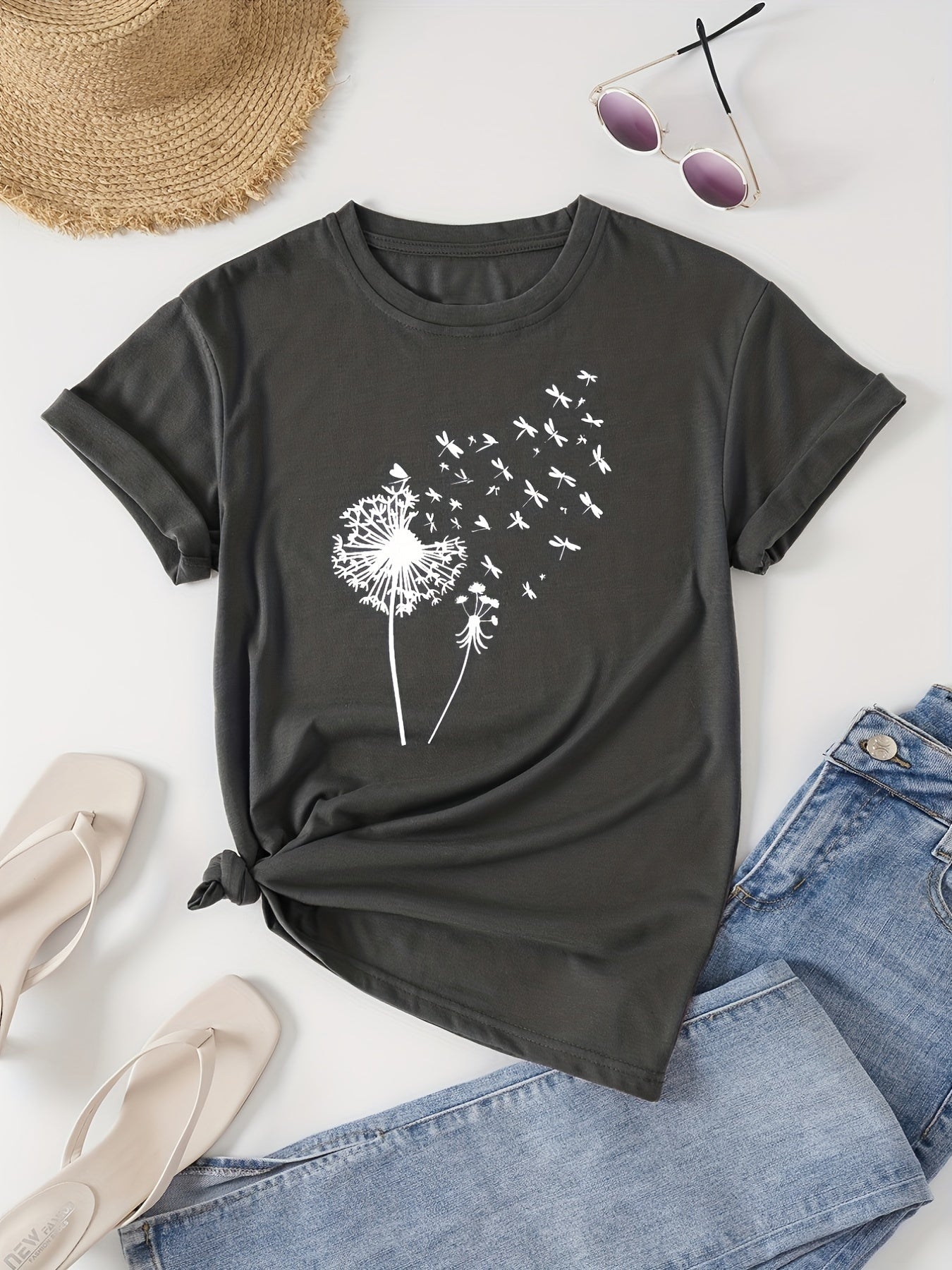 Dandelion Print Crew Neck T-Shirt, Casual Short Sleeve T-Shirt For Spring & Summer, Women's Clothing