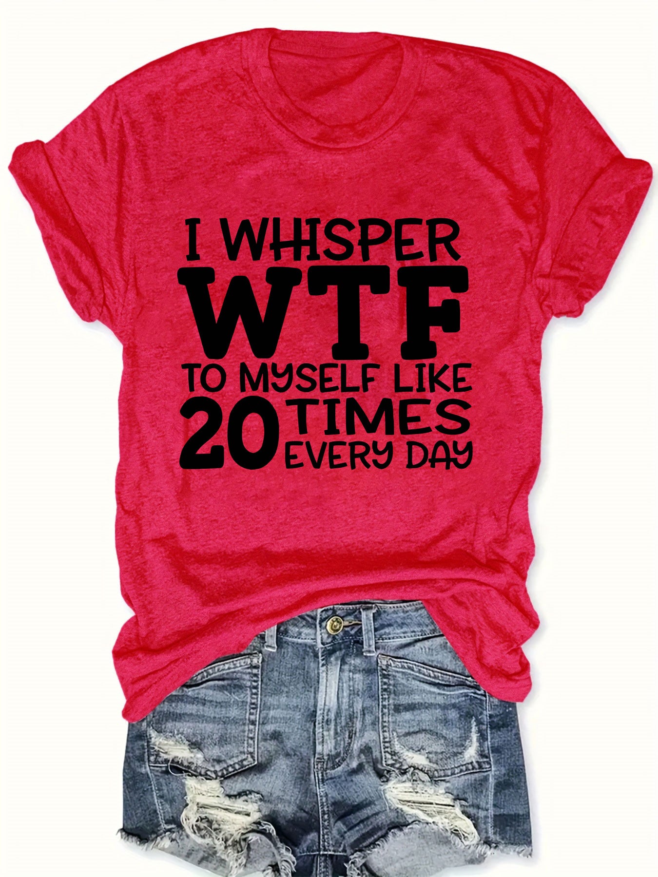 [Casual Polyester T-Shirt] Polyester Women's Casual T-Shirt | "I Whisper WTF" Letter Print, Short Sleeve Crew Neck Top, Knit Fabric, Regular Length - 100% Polyester, 180g/m², All Seasons