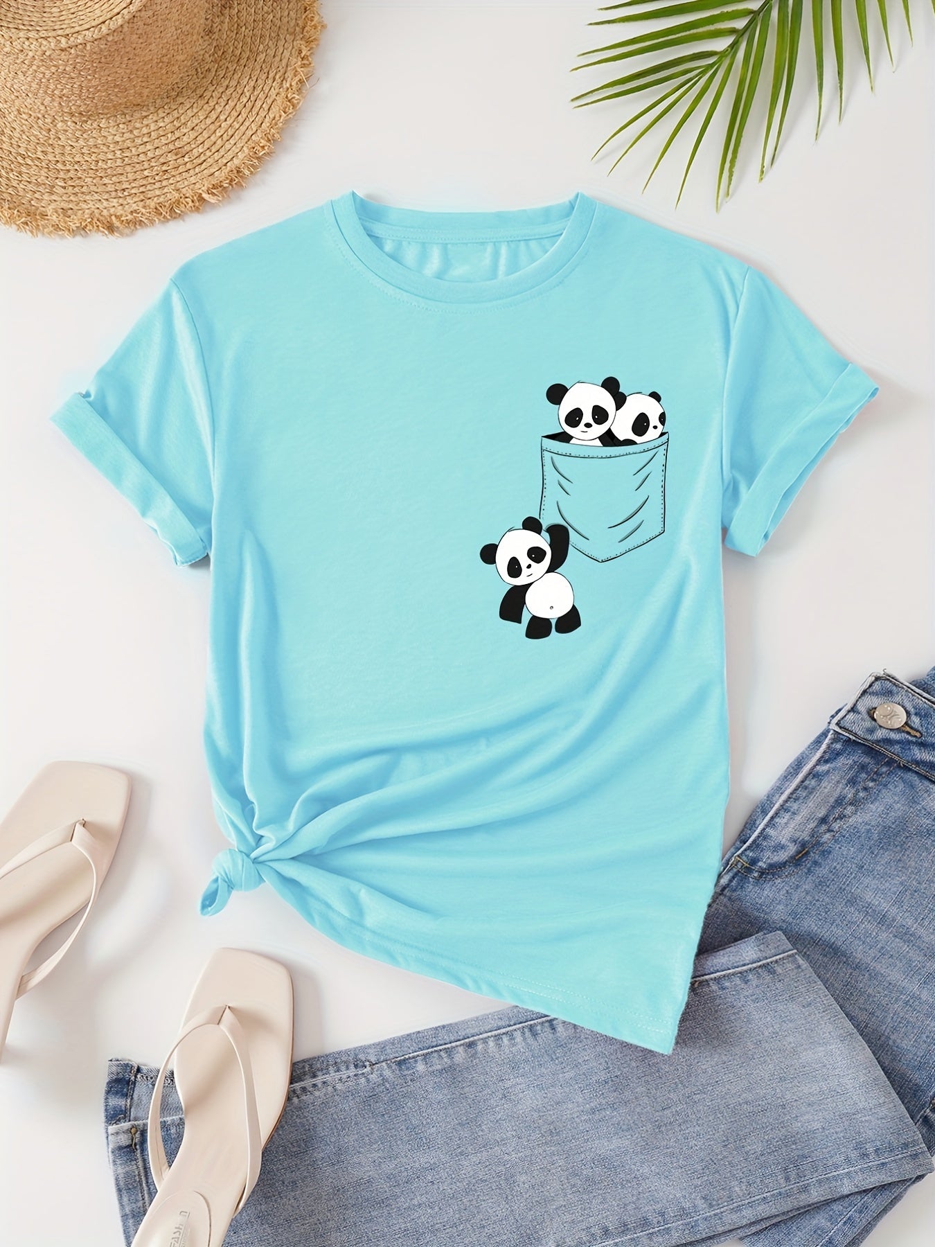 Panda Print Crew Neck T-Shirt, Casual Short Sleeve T-Shirt For Spring & Summer, Women's Clothing