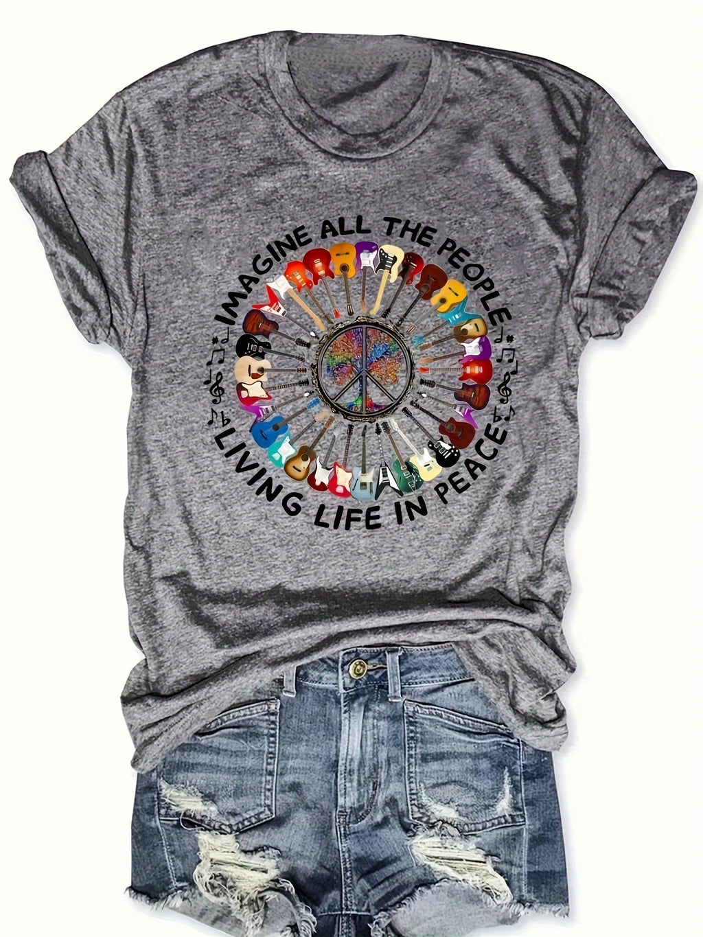 Vibrant Letter & Guitar Print Crew Neck T-Shirt - Relaxed Fit, Short Sleeves, Classic Design, Unique Print - Perfect for Women, Spring & Summer Wear
