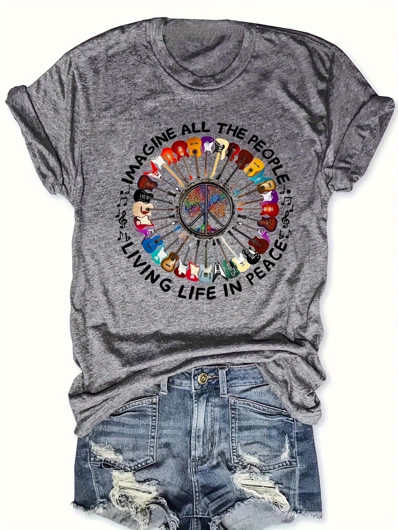 Vibrant Letter & Guitar Print Crew Neck T-Shirt - Relaxed Fit, Short Sleeves, Classic Design, Unique Print - Perfect for Women, Spring & Summer Wear