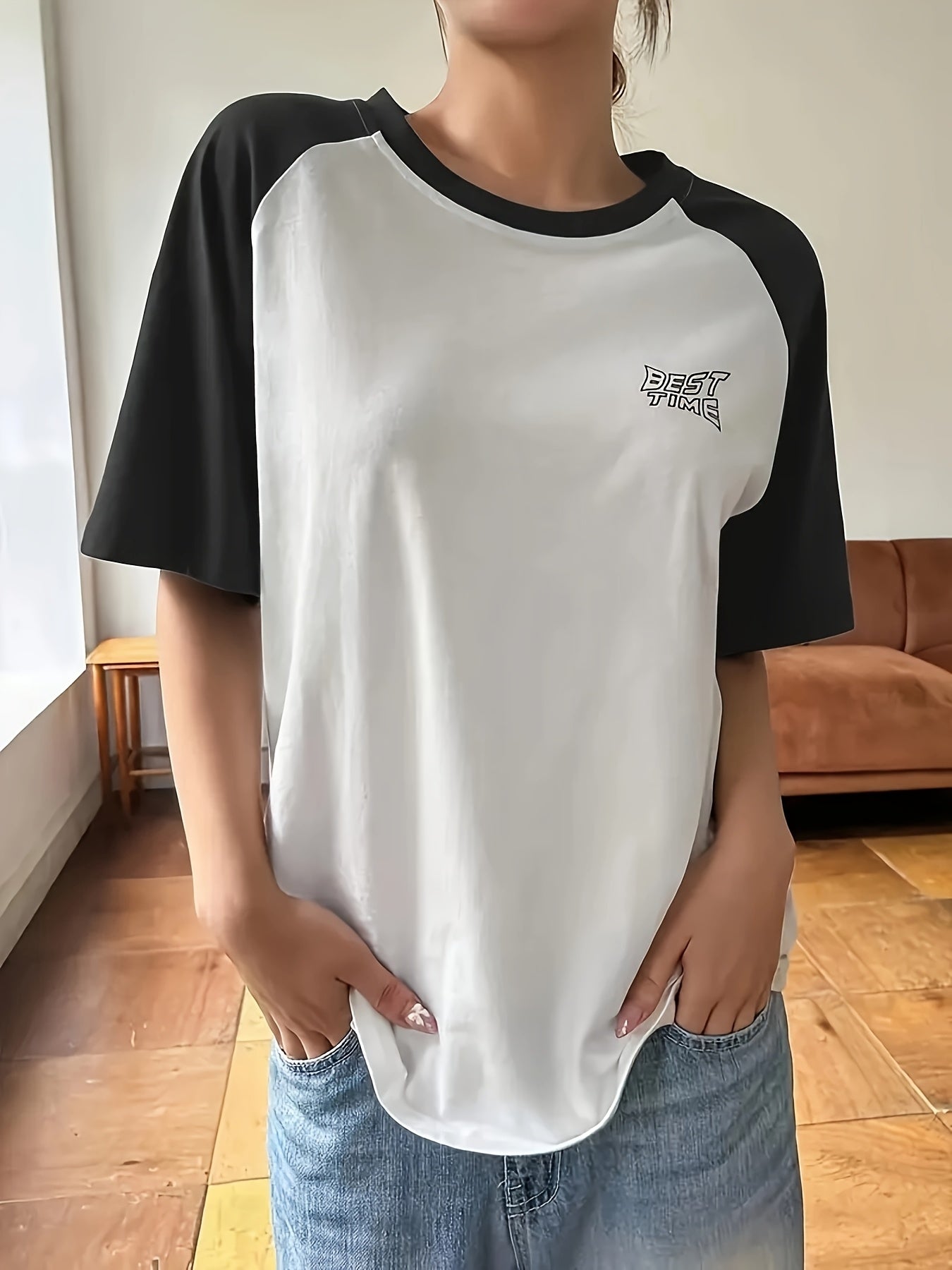 [1pc BEAST T-Shirt] 1pc Women's Casual T-Shirt | Color Block, BEAST Print, Crew Neck, Knit Fabric, Regular Length, All Season Top