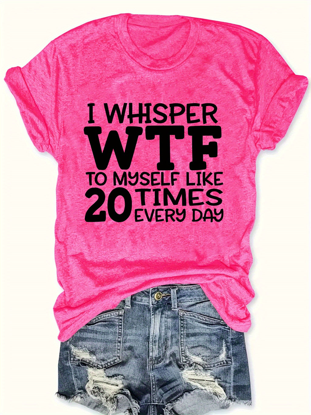 [Casual Polyester T-Shirt] Polyester Women's Casual T-Shirt | "I Whisper WTF" Letter Print, Short Sleeve Crew Neck Top, Knit Fabric, Regular Length - 100% Polyester, 180g/m², All Seasons