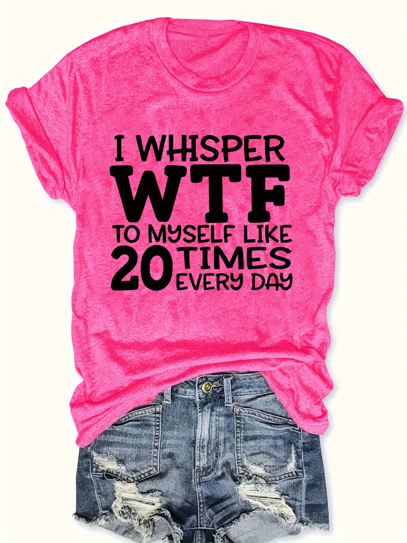 [Casual Polyester T-Shirt] Polyester Women's Casual T-Shirt | "I Whisper WTF" Letter Print, Short Sleeve Crew Neck Top, Knit Fabric, Regular Length - 100% Polyester, 180g/m², All Seasons