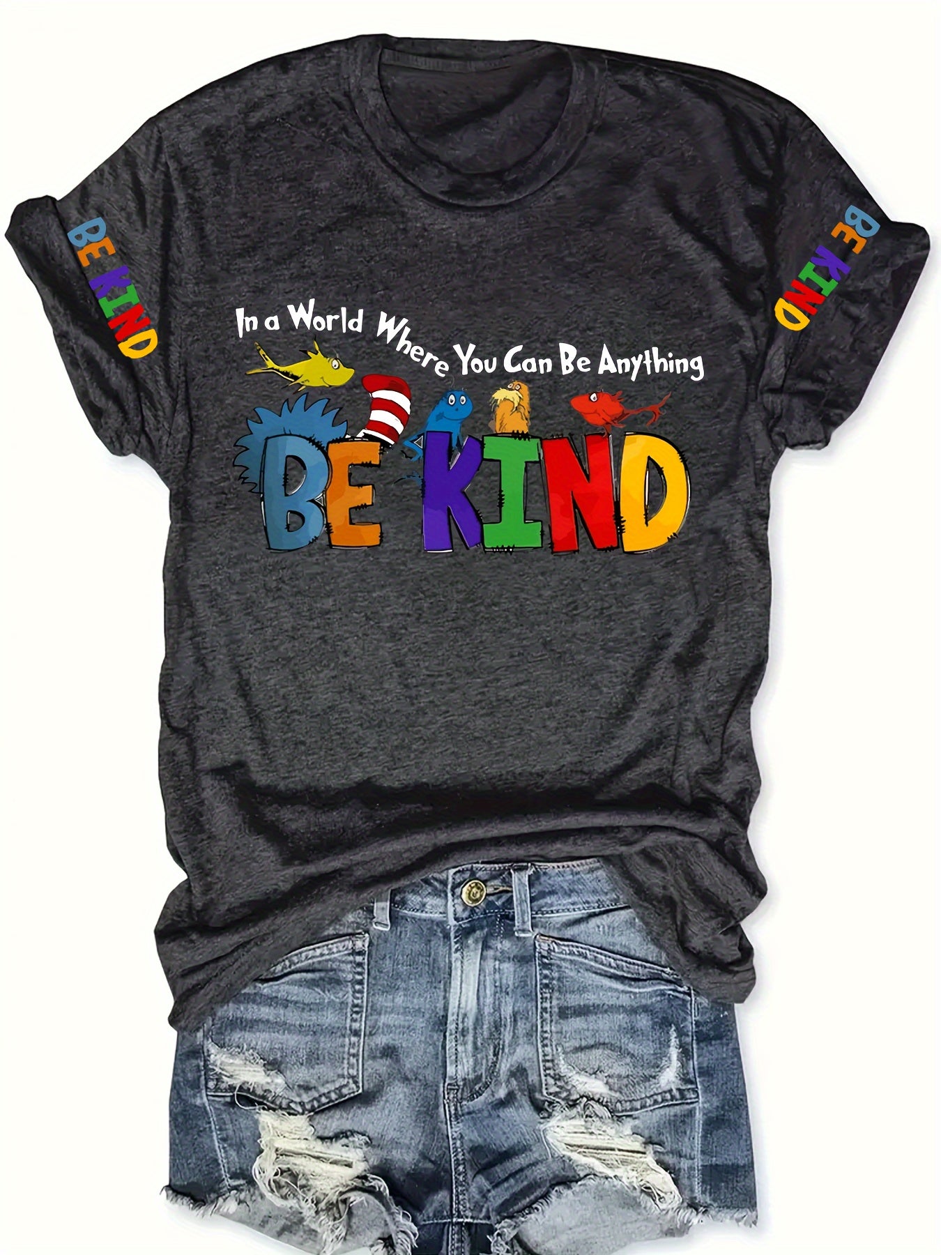 Women's Plus Size Colorful Sleeve T-Shirt - BEKIND Letter Print with Cute Animal & Rainbow Graphic, Vibrant Orange Casual Round Neck Top for Spring Summer Fall, Everyday Comfort Tee, Playful Graphic Tee, Soft Comfortable Material