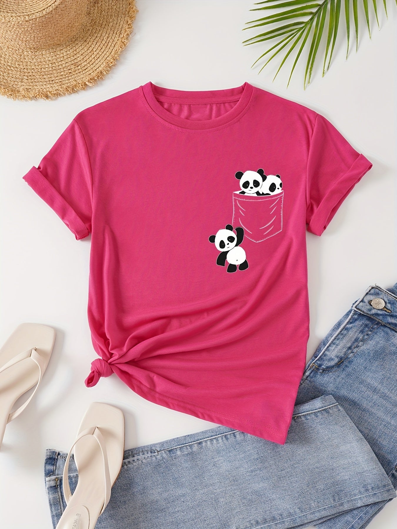 Panda Print Crew Neck T-Shirt, Casual Short Sleeve T-Shirt For Spring & Summer, Women's Clothing