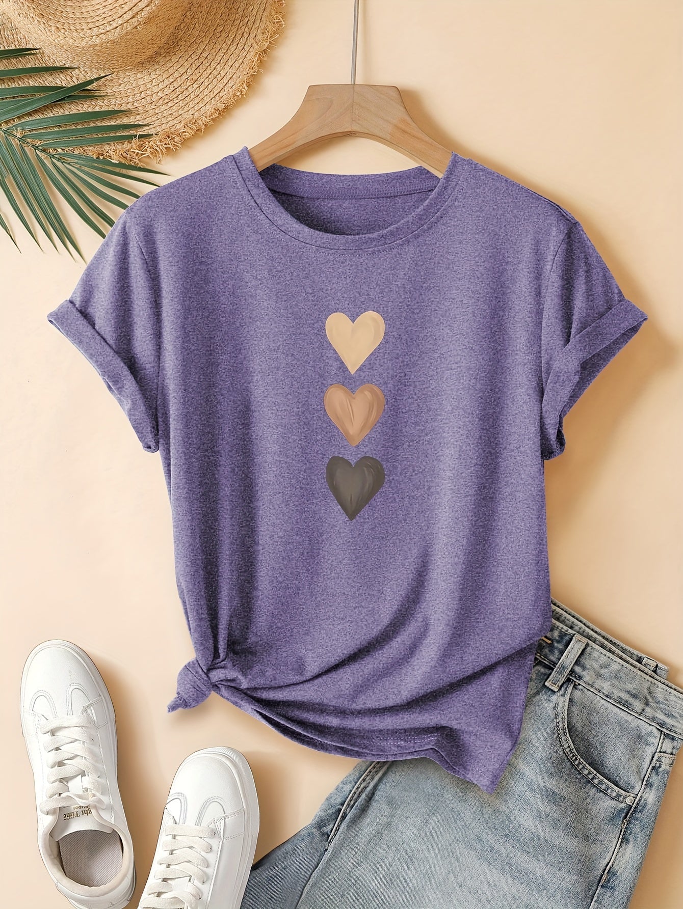Women'S Retro Heart Print T-Shirt - Casual & Sporty Round Neck Short Sleeve Top, Medium Stretch, Dark Gray with Golden Hearts, Perfect for Spring/Summer/Fall, Casual Summer Top | Retro Heart Design | Medium Stretch Fabric