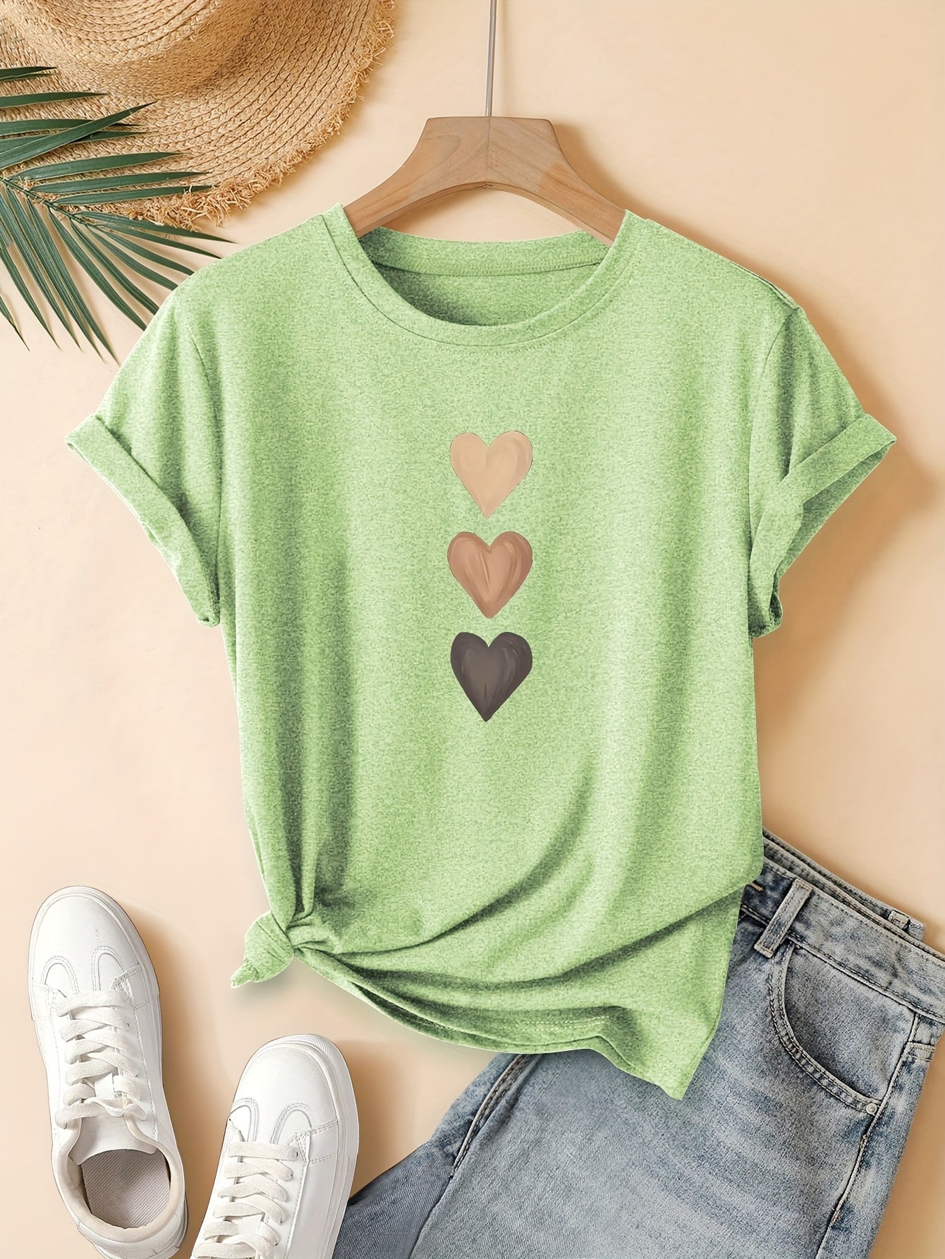 Women'S Retro Heart Print T-Shirt - Casual & Sporty Round Neck Short Sleeve Top, Medium Stretch, Dark Gray with Golden Hearts, Perfect for Spring/Summer/Fall, Casual Summer Top | Retro Heart Design | Medium Stretch Fabric