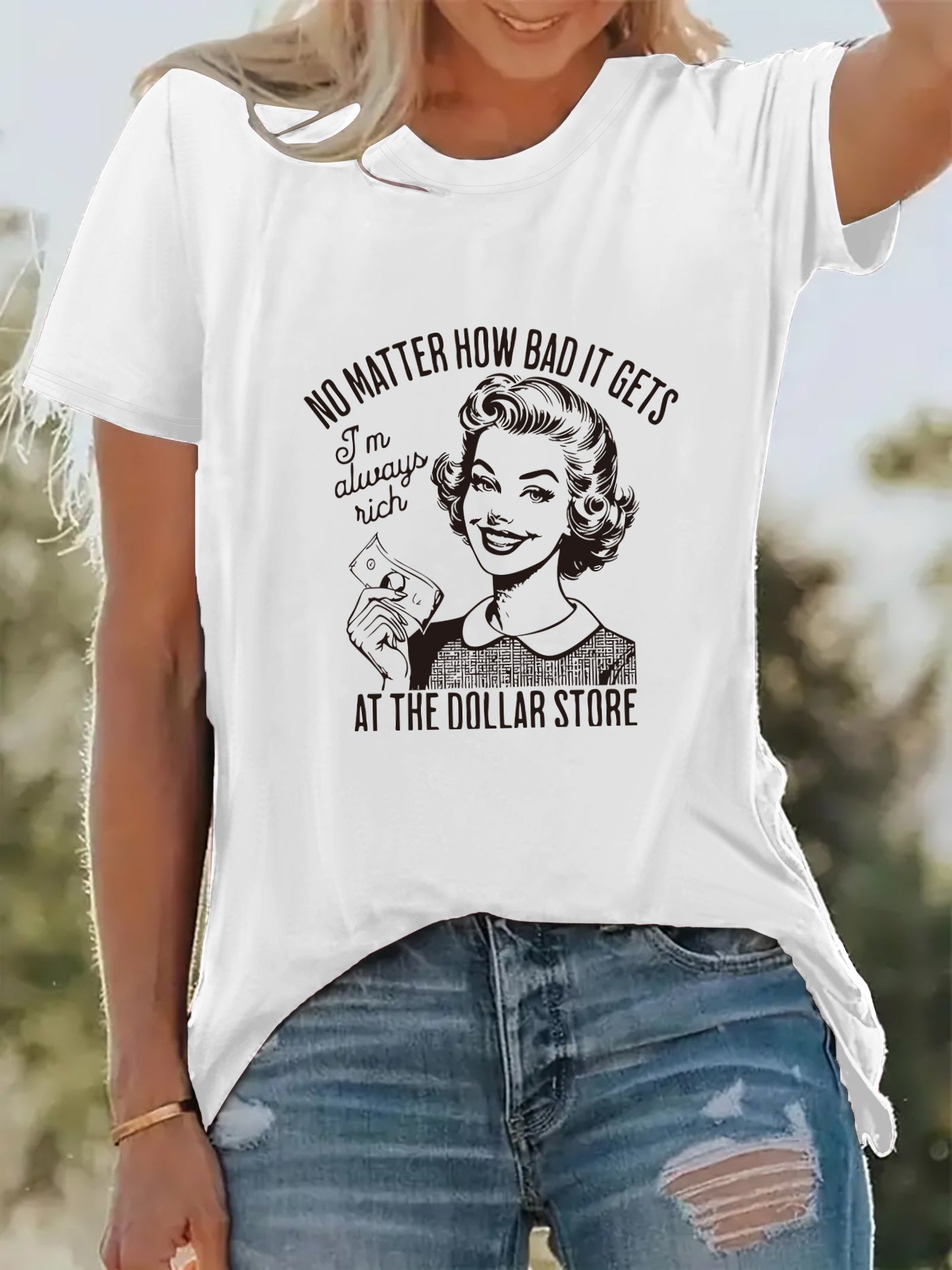 [Retro Style Tee] Pink Women's Retro Graphic T-Shirt | "I Don't Care How Bad It Gets" Vintage Illustration, Stretch Polyester Blend, Machine Washable, Casual Short Sleeve Tee, Perfect for Spring & Summer Vacations