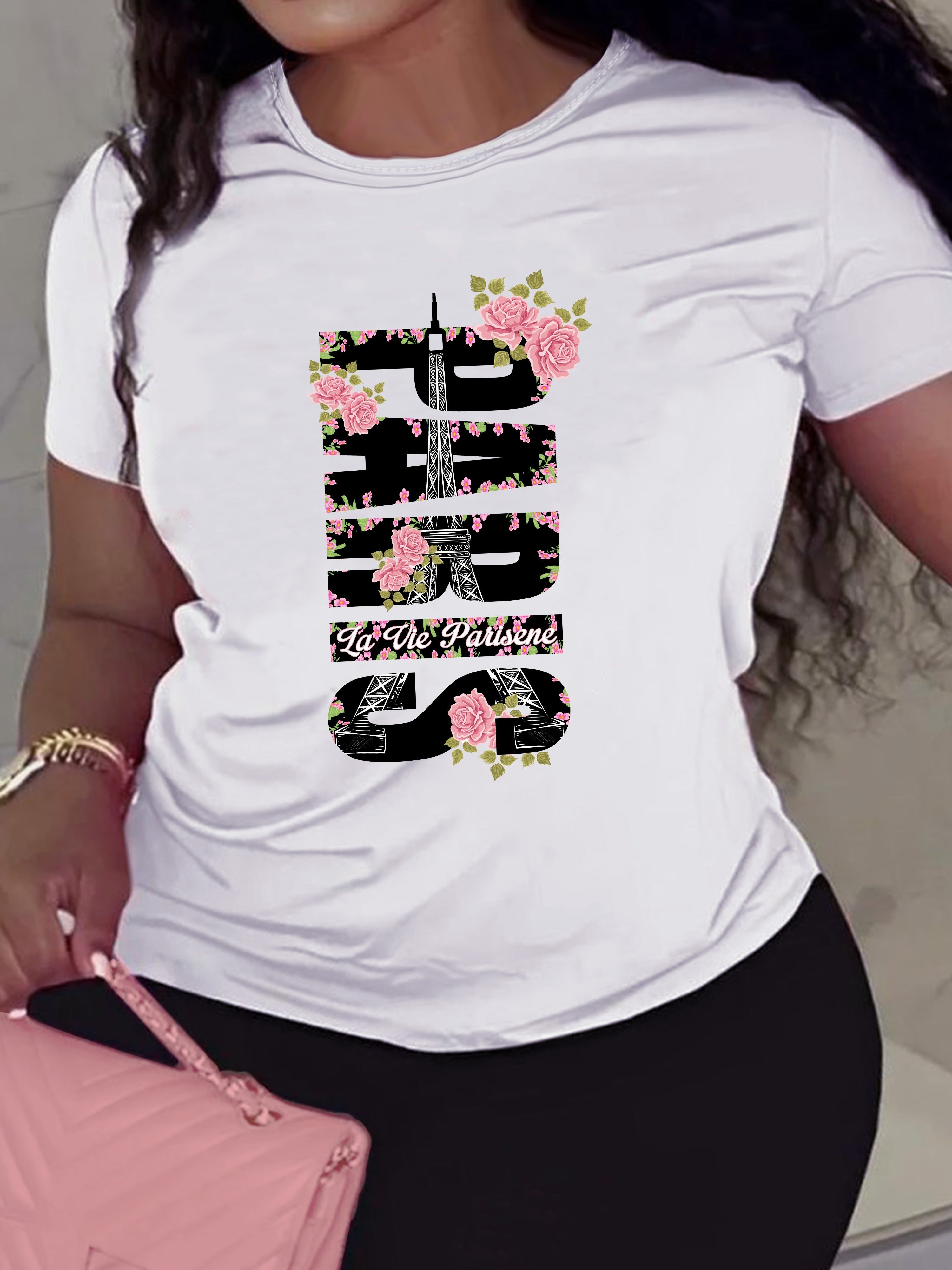 Chic Paris Eiffel Tower & Rose Graphic Tee - Casual Comfort Fit, Short Sleeve, Crew Neck T-Shirt for Women - Breathable Polyester Blend, Machine Washable, Spring Summer, Versatile