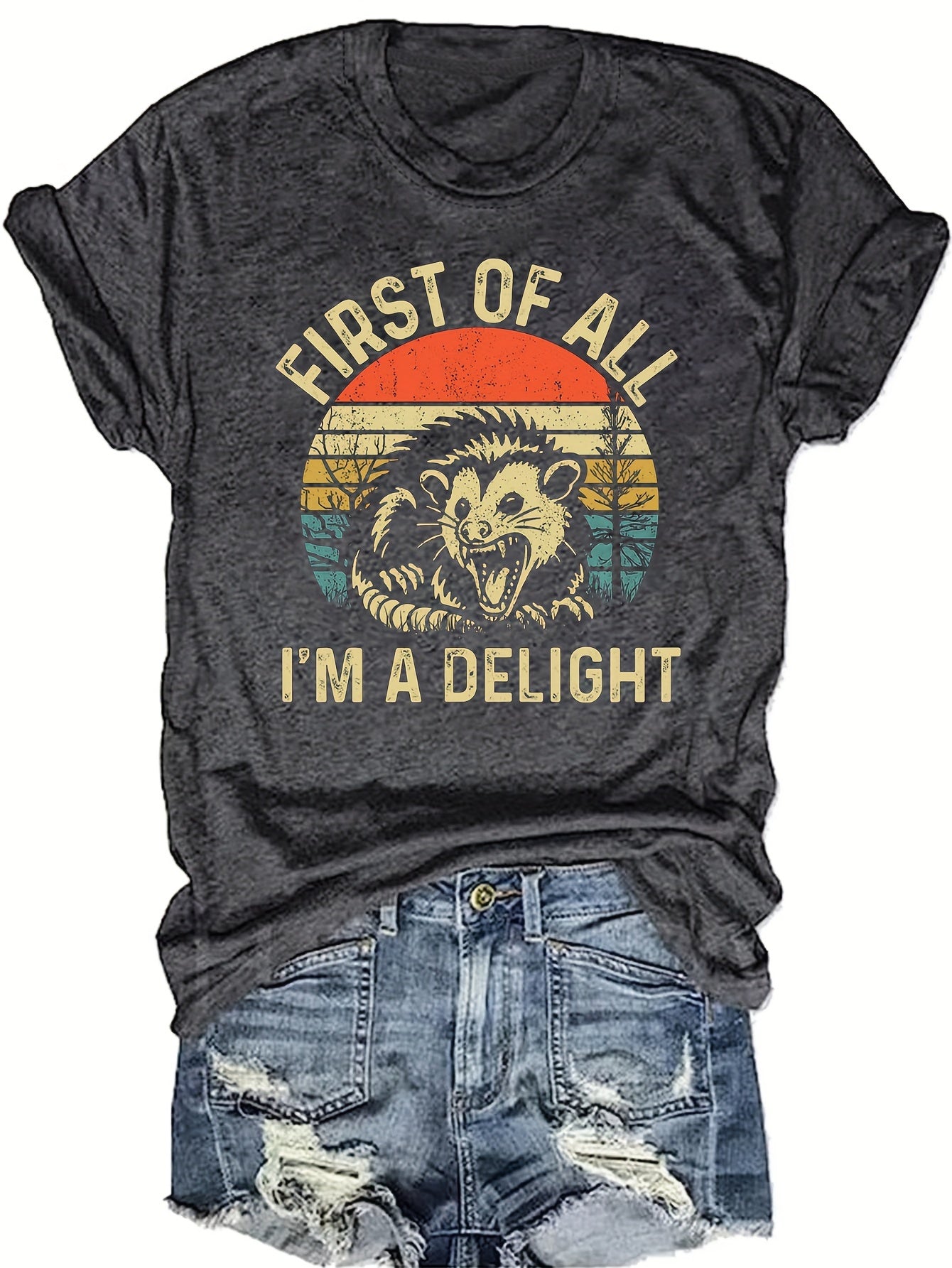 [Casual Crew Neck T-Shirt] Women's Casual Crew Neck T-Shirt with Alphabet Print - Polyester Blend (60% Polyester, 35% Rayon, 5% Spandex) - Versatile All-Season Top