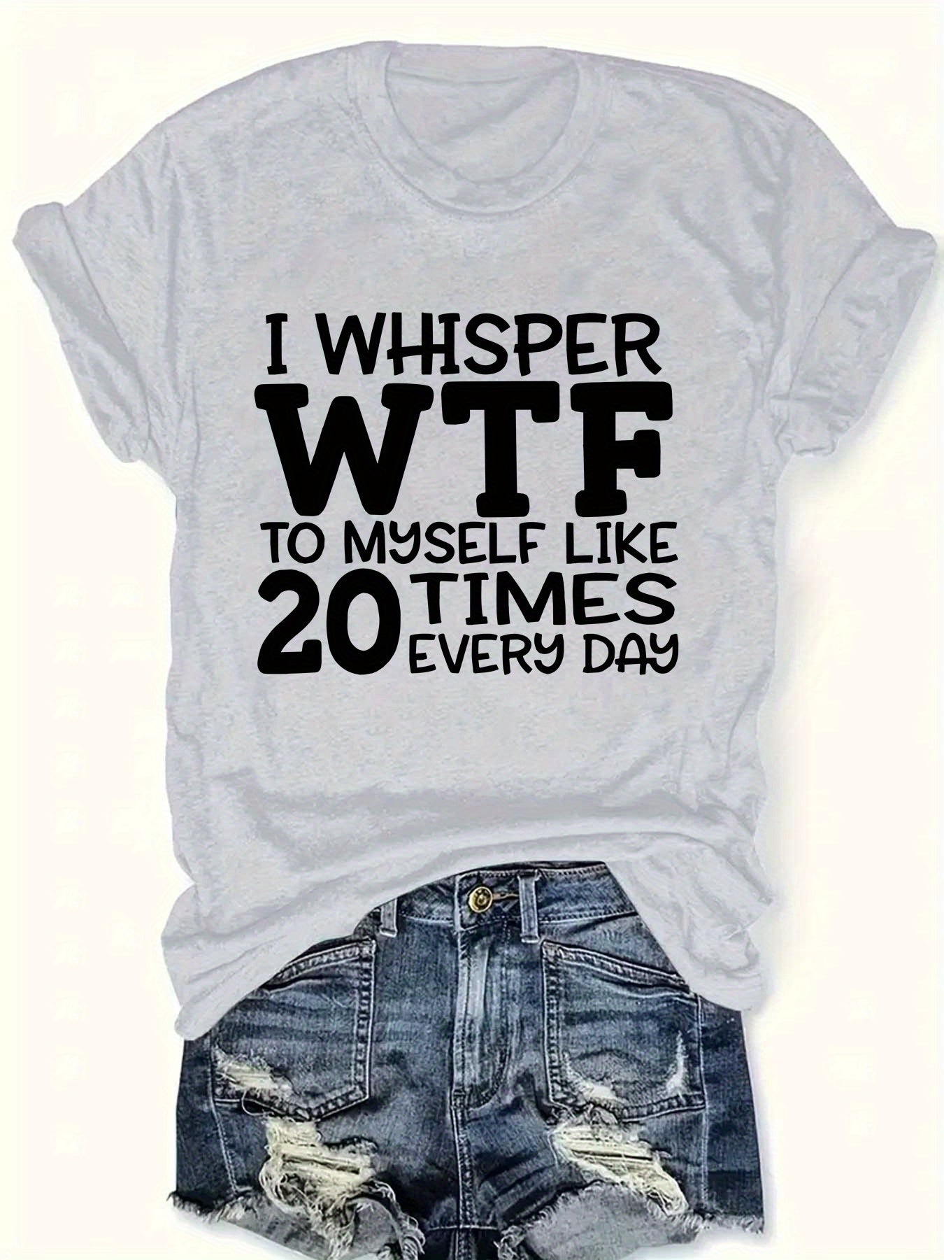 [Casual Polyester T-Shirt] Polyester Women's Casual T-Shirt | "I Whisper WTF" Letter Print, Short Sleeve Crew Neck Top, Knit Fabric, Regular Length - 100% Polyester, 180g/m², All Seasons