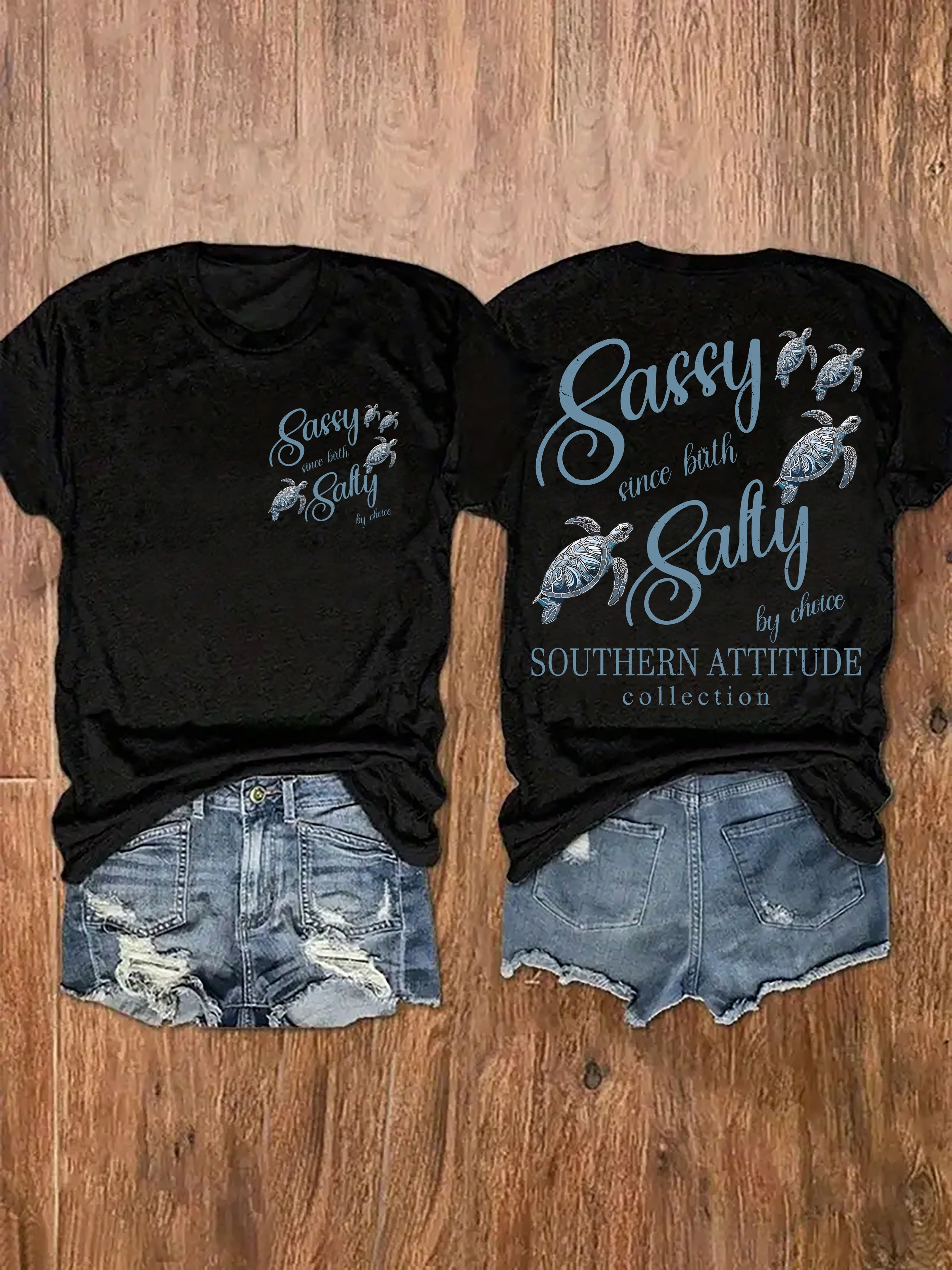 [Vibrant Red T-Shirt] Vibrant Red Women's Casual Short Sleeve T-Shirt | "Salty Like Me" Sea Turtle Graphic Print, Relaxed Fit Round Neck Top, Medium Stretch Machine Washable All-Season Beach Vacation & Casual Attire, Summer Clothing, Notch Detail Shirt,