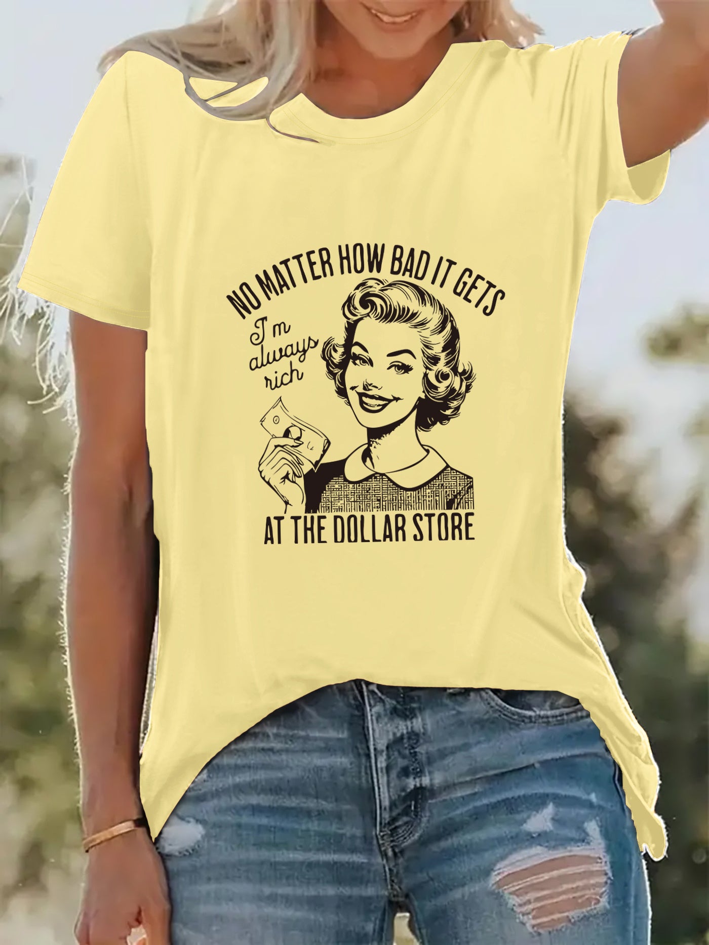 [Retro Style Tee] Pink Women's Retro Graphic T-Shirt | "I Don't Care How Bad It Gets" Vintage Illustration, Stretch Polyester Blend, Machine Washable, Casual Short Sleeve Tee, Perfect for Spring & Summer Vacations