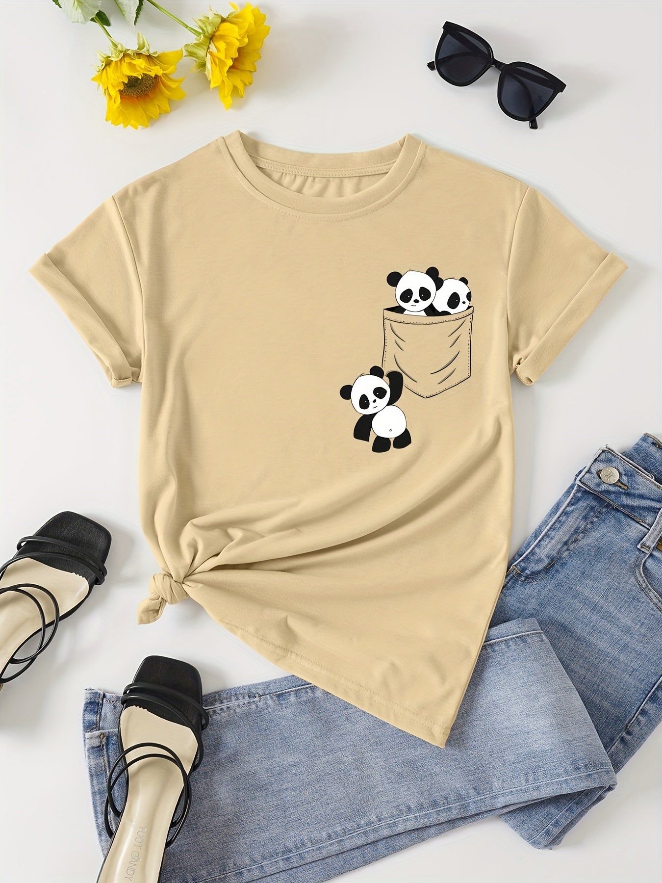 Panda Print Crew Neck T-Shirt, Casual Short Sleeve T-Shirt For Spring & Summer, Women's Clothing