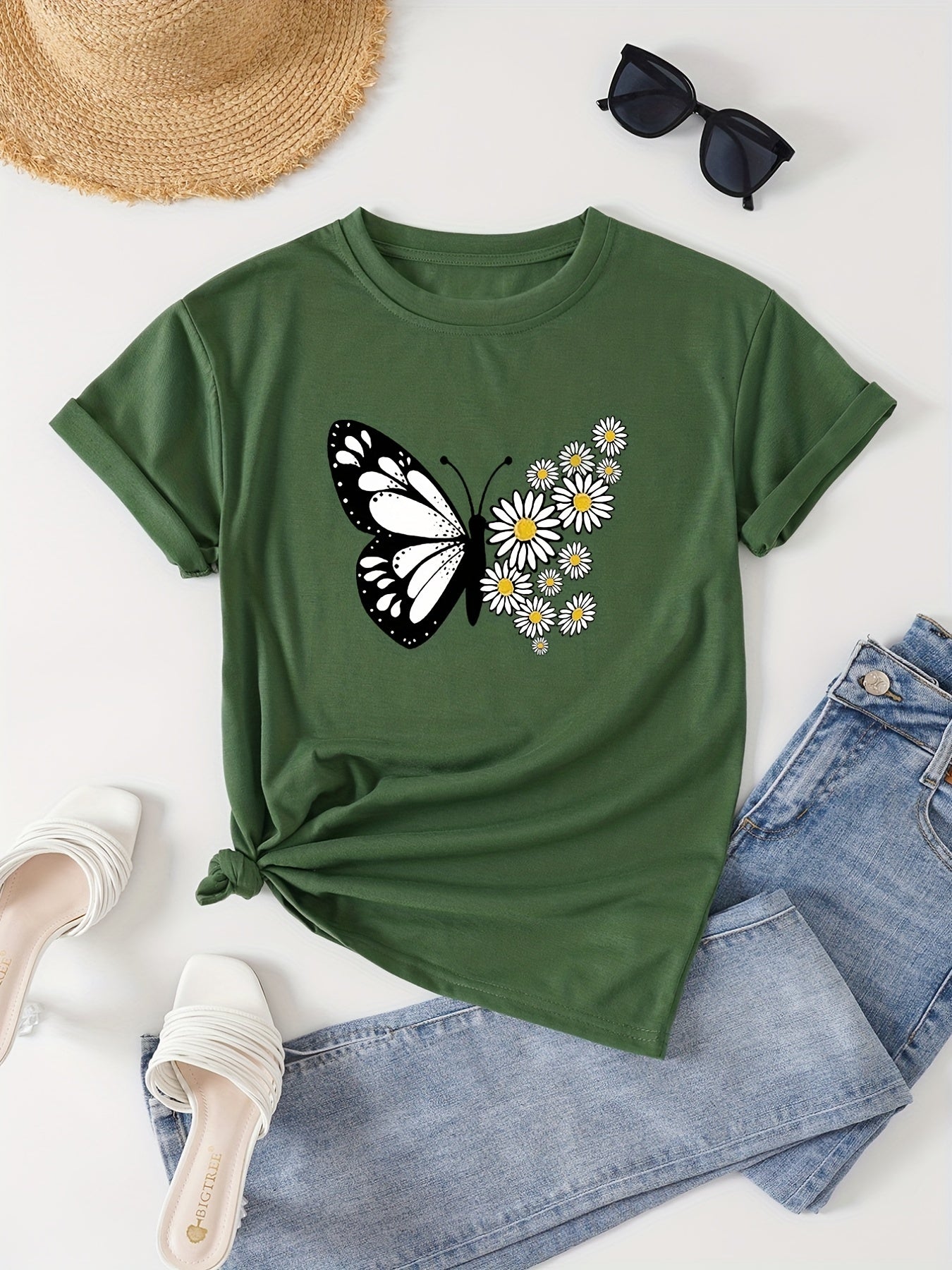 Women's Casual Butterfly & Daisy Floral Print Round Neck T-Shirt - Olive Green, Machine Washable, Regular Fit for Casual Attire, Allseason Fashion, Relaxed Style, Nontransparent Fabric