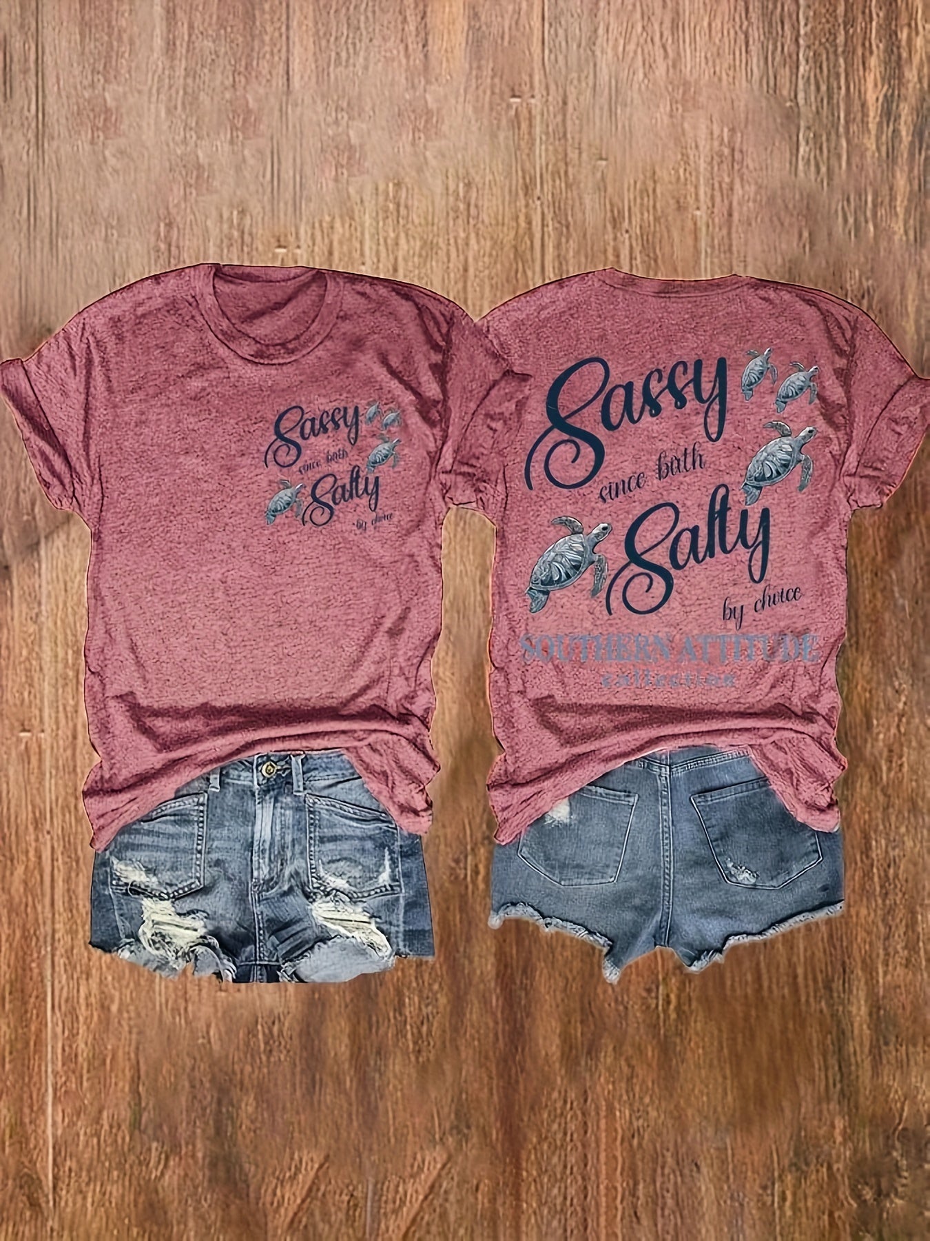 [Vibrant Red T-Shirt] Vibrant Red Women's Casual Short Sleeve T-Shirt | "Salty Like Me" Sea Turtle Graphic Print, Relaxed Fit Round Neck Top, Medium Stretch Machine Washable All-Season Beach Vacation & Casual Attire, Summer Clothing, Notch Detail Shirt,