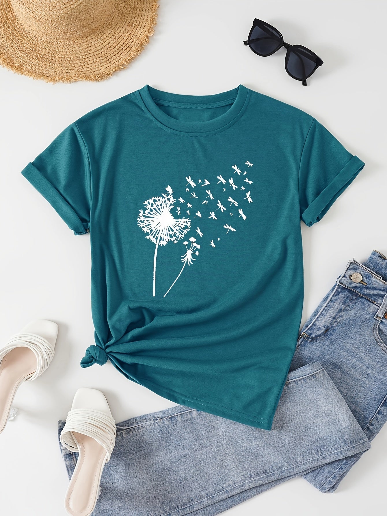 Dandelion Print Crew Neck T-Shirt, Casual Short Sleeve T-Shirt For Spring & Summer, Women's Clothing