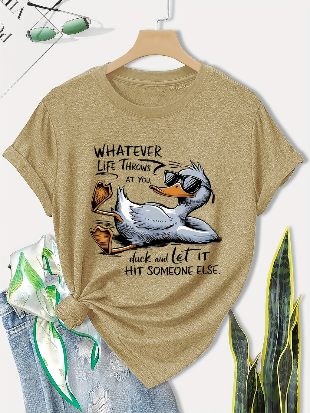 Women's Olive Green Casual T-Shirt with Cute Duck Graphic & Humorous Quote - Soft Breathable Fabric, Relaxed Fit Round Neck Short Sleeve Top for Casual Attire, Machine Washable, Ladies T Shirts
