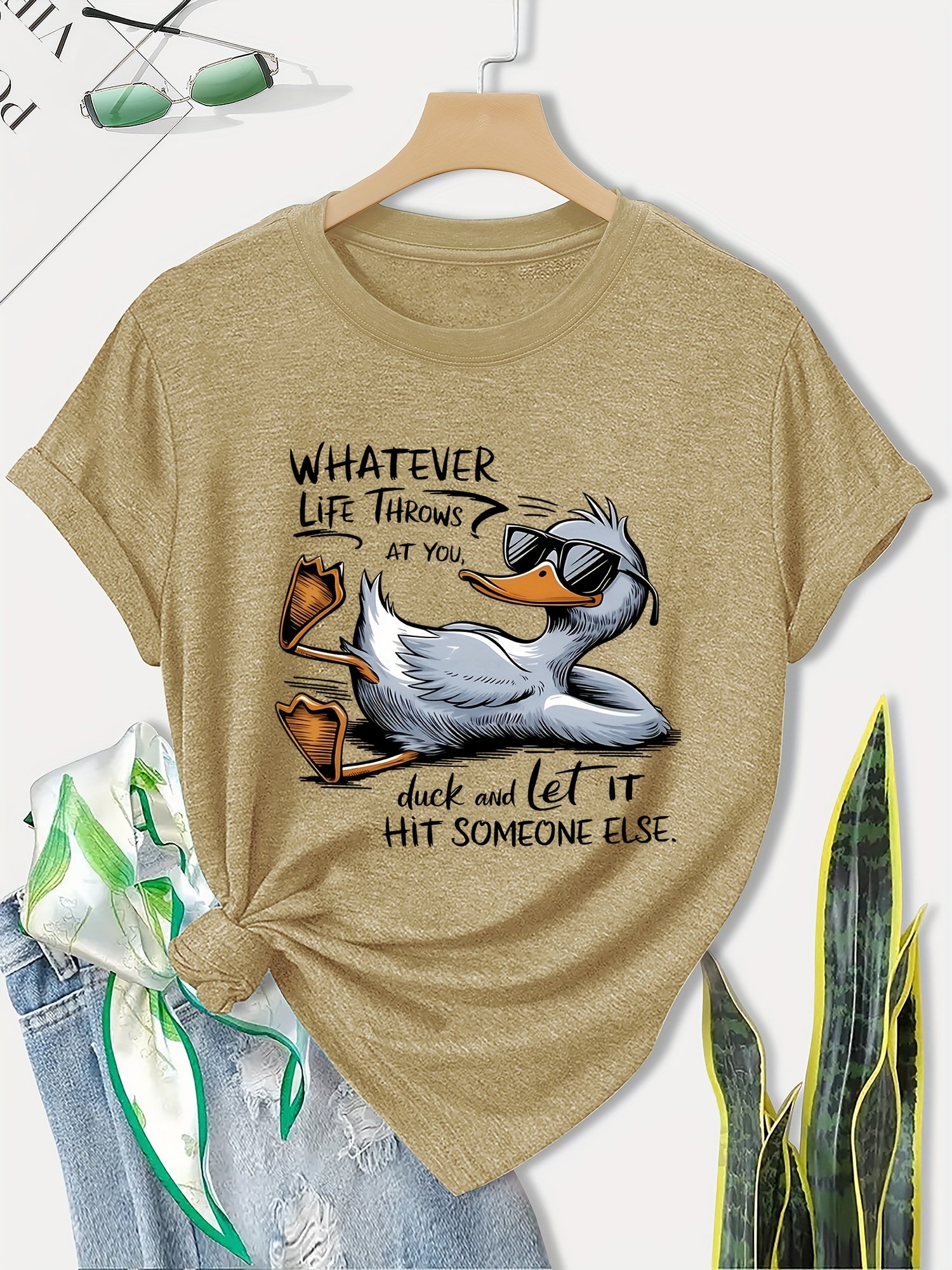Women's Olive Green Casual T-Shirt with Cute Duck Graphic & Humorous Quote - Soft Breathable Fabric, Relaxed Fit Round Neck Short Sleeve Top for Casual Attire, Machine Washable, Ladies T Shirts