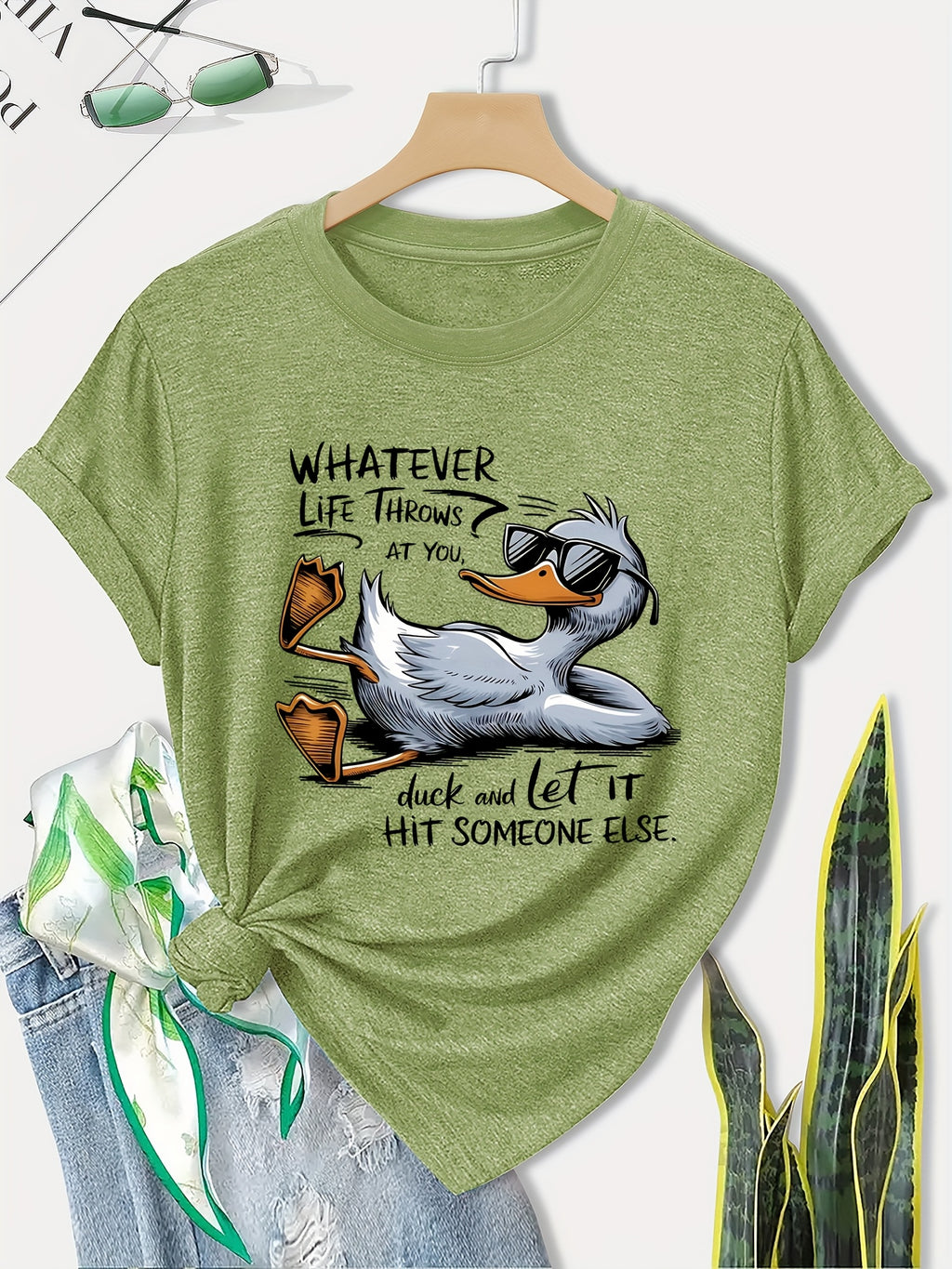 Women's Olive Green Casual T-Shirt with Cute Duck Graphic & Humorous Quote - Soft Breathable Fabric, Relaxed Fit Round Neck Short Sleeve Top for Casual Attire, Machine Washable, Ladies T Shirts