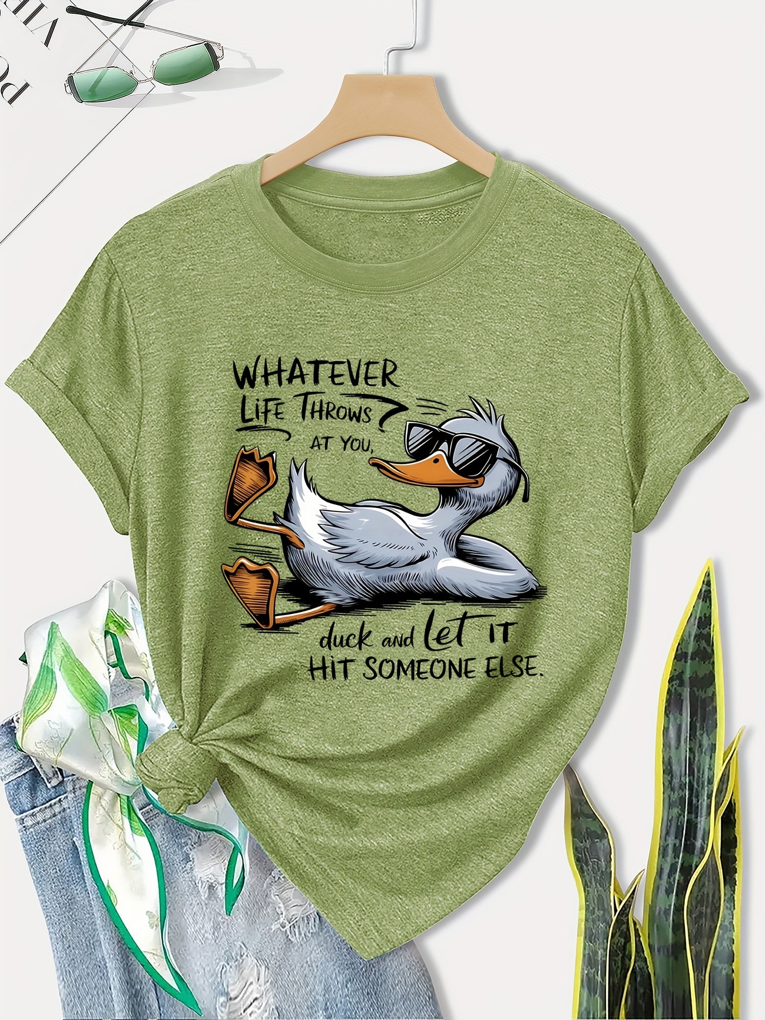 Women's Olive Green Casual T-Shirt with Cute Duck Graphic & Humorous Quote - Soft Breathable Fabric, Relaxed Fit Round Neck Short Sleeve Top for Casual Attire, Machine Washable, Ladies T Shirts