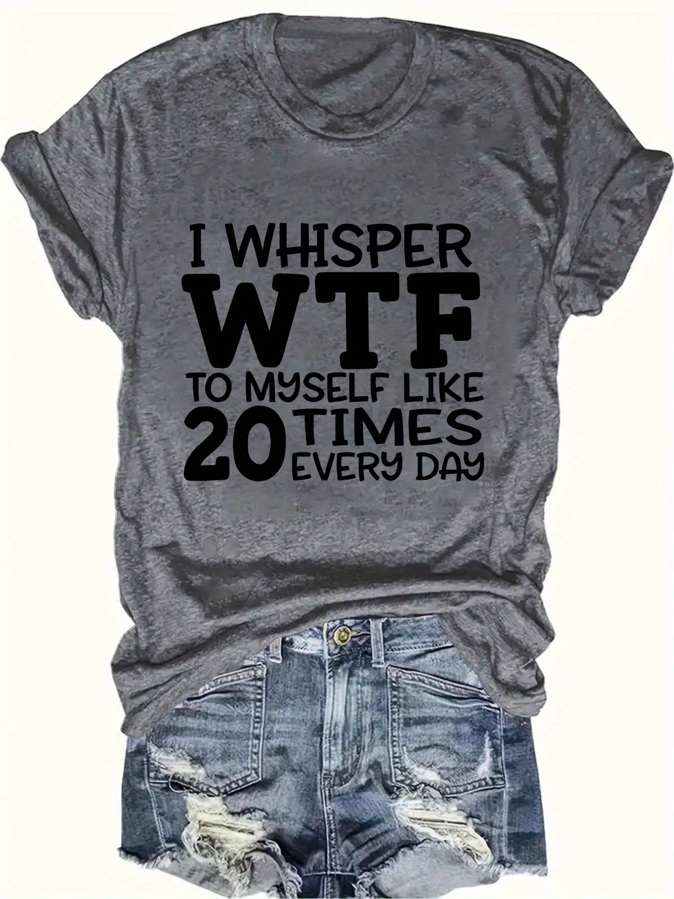 [Casual Polyester T-Shirt] Polyester Women's Casual T-Shirt | "I Whisper WTF" Letter Print, Short Sleeve Crew Neck Top, Knit Fabric, Regular Length - 100% Polyester, 180g/m², All Seasons