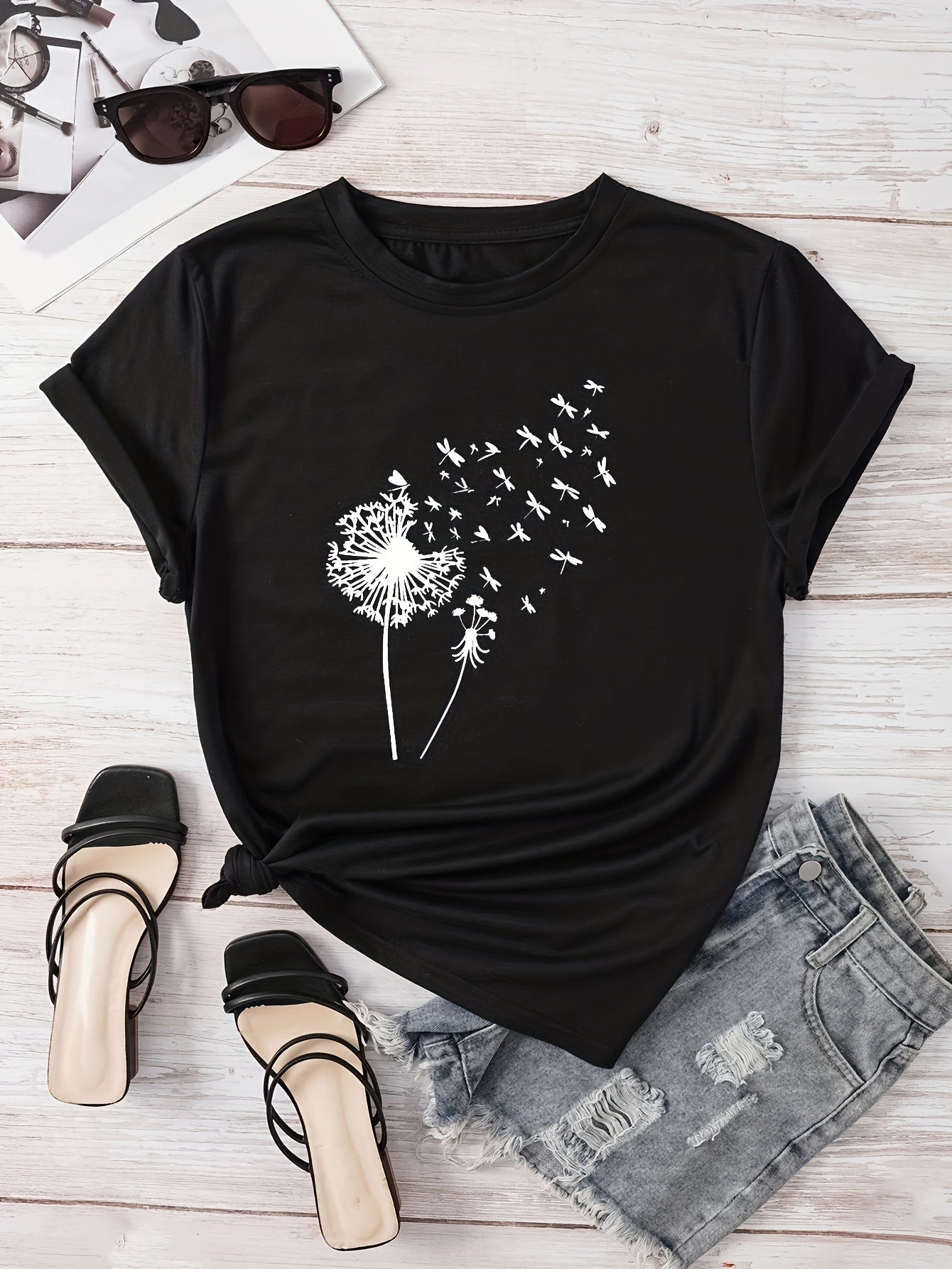 Dandelion Print Crew Neck T-Shirt, Casual Short Sleeve T-Shirt For Spring & Summer, Women's Clothing