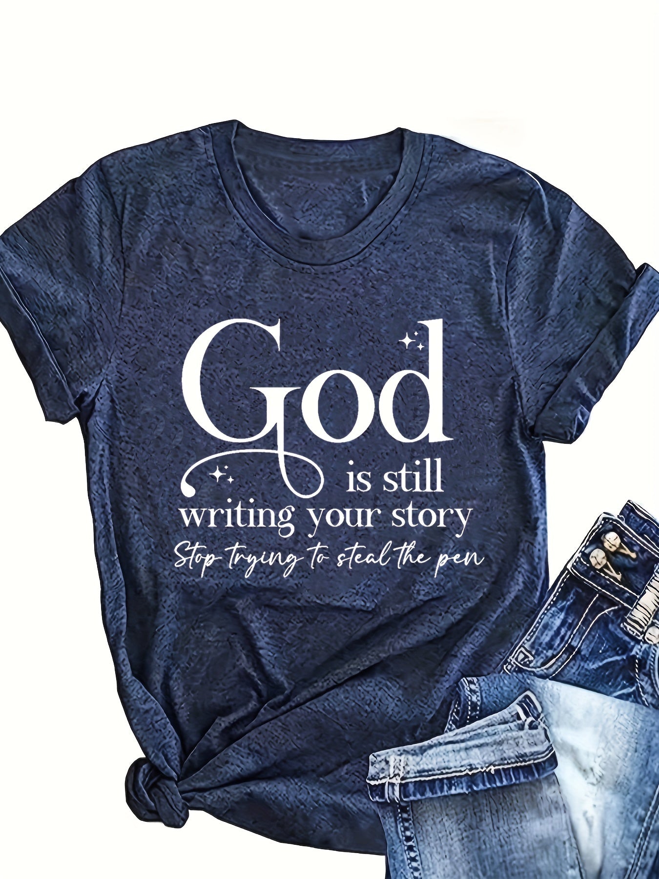 God Print Crew Neck T-shirt, Casual Short Sleeve Top For Spring & Summer, Women's Clothing