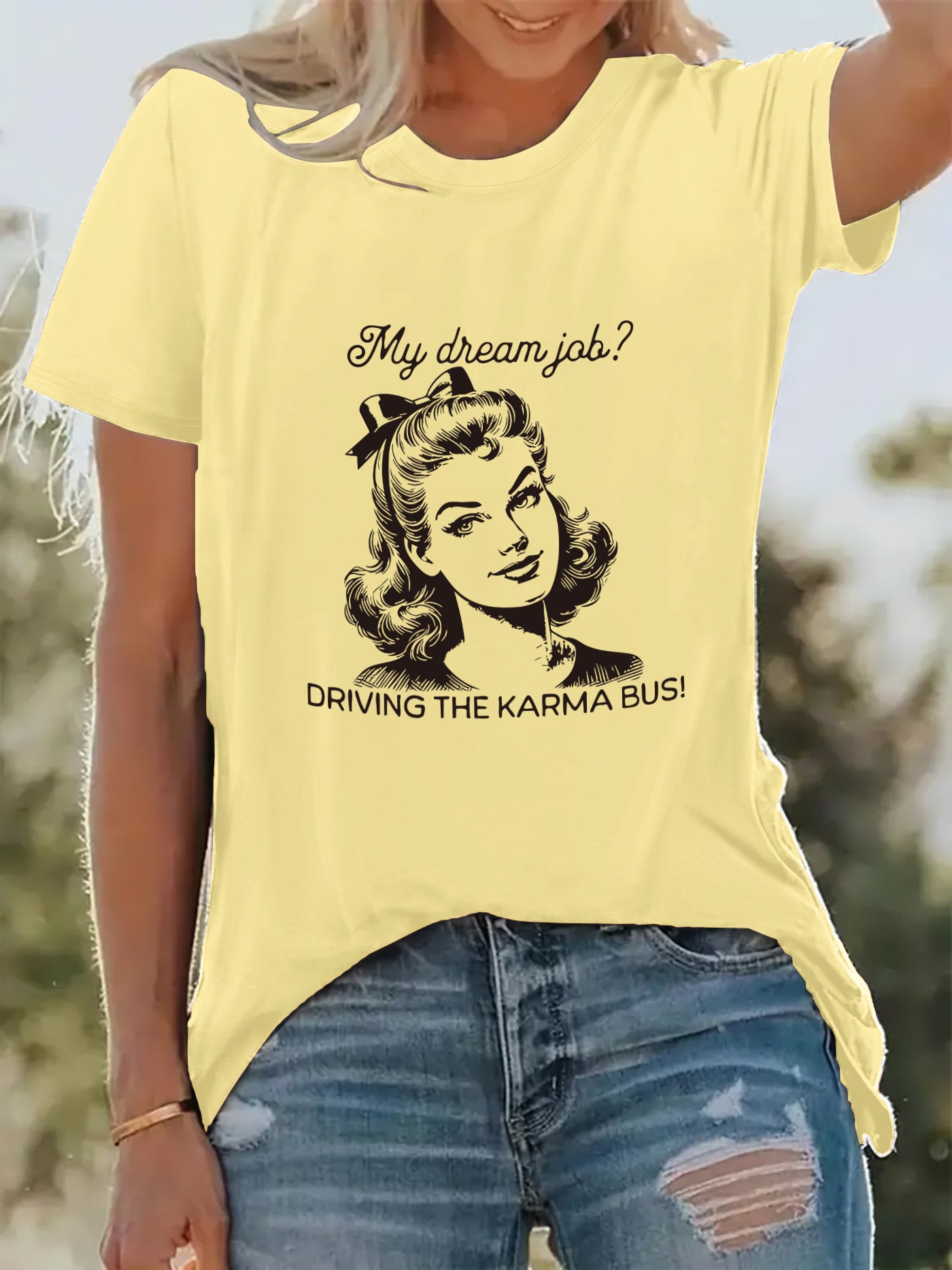 Women'S "My Dream Job? Driving the Karmabus!" Graphic Tee - Casual Crew Neck, Stretchy Polyester Blend, Short Sleeve, Machine Washable - Perfect for Spring & Summer Vacations, Vacation Clothing | Playful Print | Comfortable Fit, Ladies T Shirts