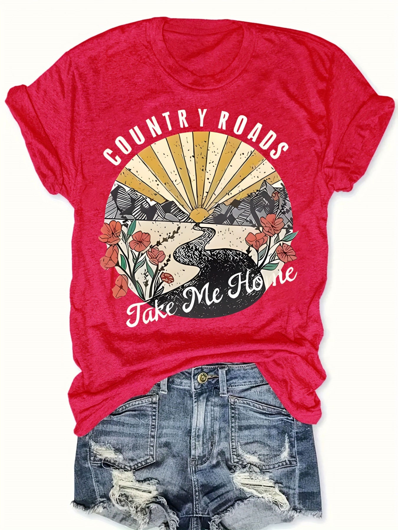 Women's Vibrant Red Graphic Print T-Shirt - Country Roads Take Me Home Design with Sun Rays, Birds & Floral Motifs, Short Sleeve Crew Neck Casual Top, Machine Washable Regular Fit for Summer & Spring, Everyday Comfort, Sunburst Design, Comfortable Tee