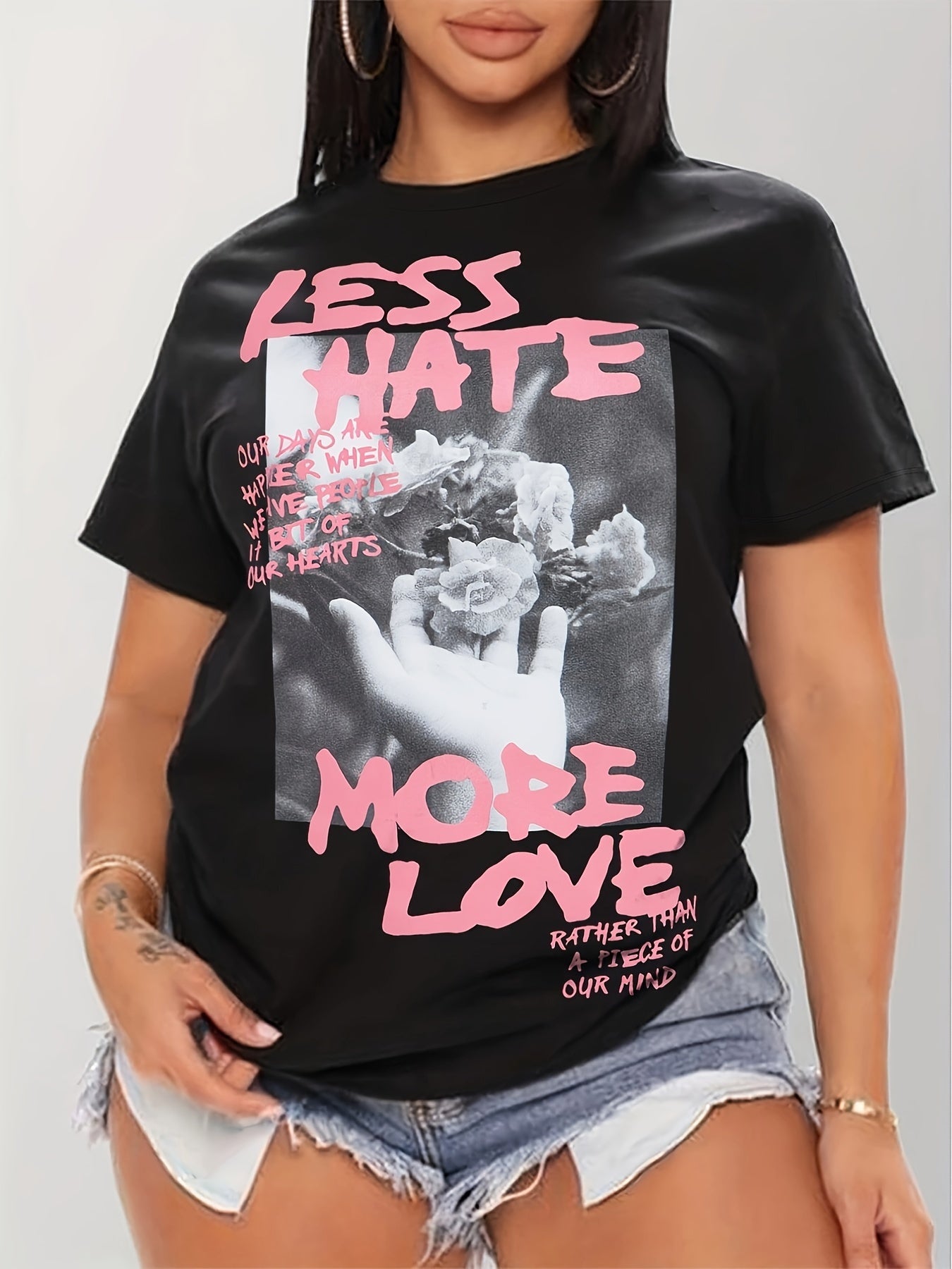 Women's Casual Short Sleeve T-Shirt - Black with Pink "Less Hate More Love" & Floral Graphic Print, Round Neck Summer Top, Machine Washable, Ladies T Shirts, Casual Attire, Modern Look, Comfortable Fit