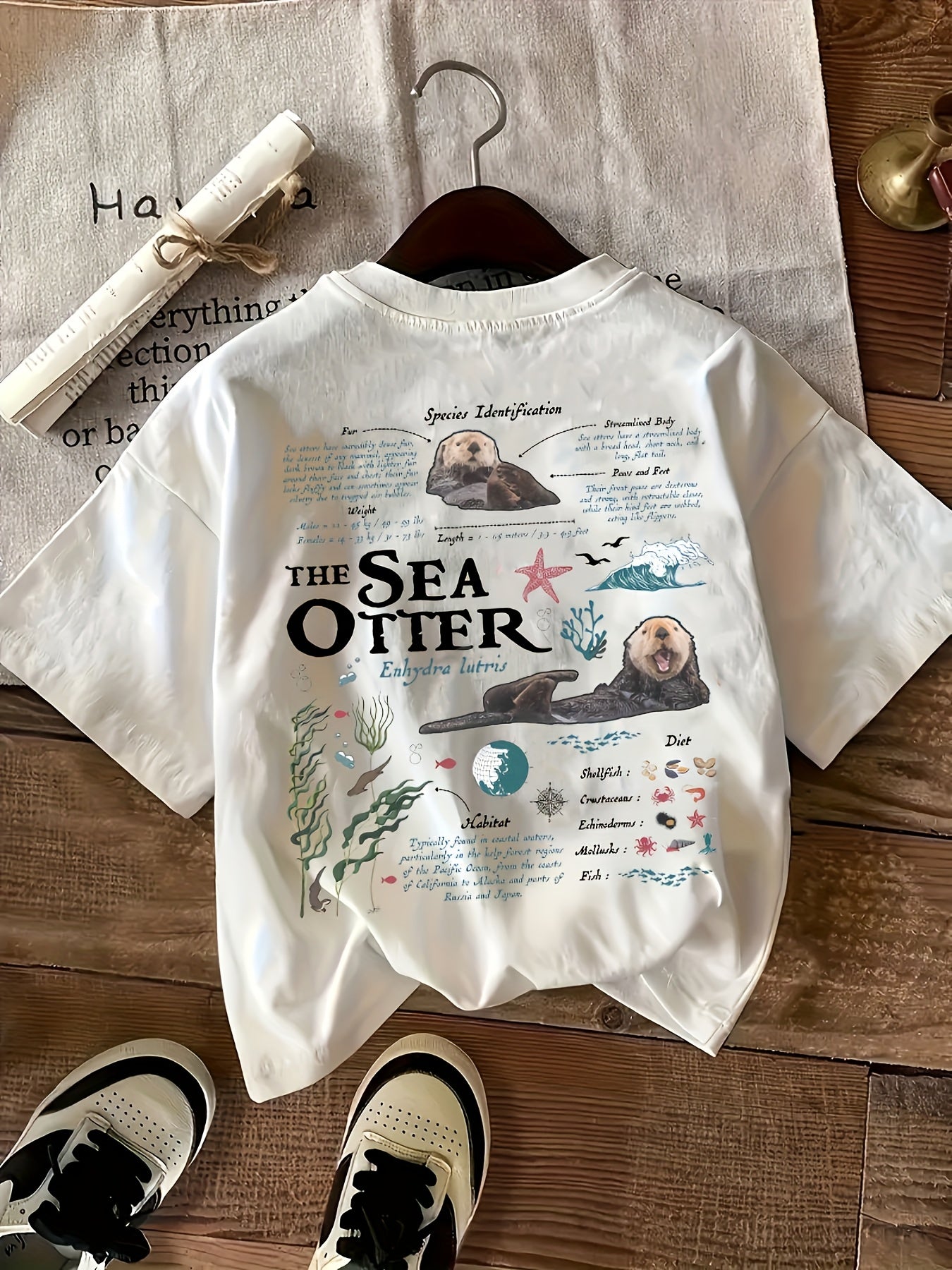 Women's Casual Short Sleeve T-Shirt - Sea Otter Graphic Print with Educational Facts, Soft Breathable Fabric, Relaxed Fit Round Neck, Machine Washable All-Season Comfort Top, Playful Casualwear, Vibrant Graphic Tee, Stretchy Fabric