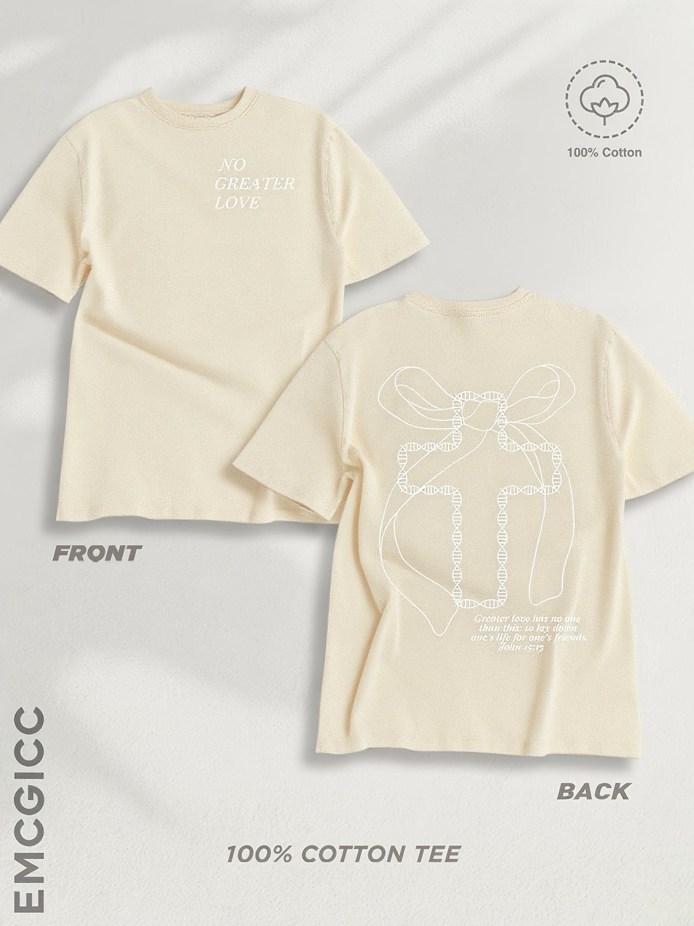Women'S Beige T-Shirt - "No Greater Love" Bible Verse - Soft Breathable 100% Loose Fit Tee - Minimalist Everyday & Special Occasion Top - Casual Streetwear Gift for Women, Ladies T Shirts, Retro Distressed Design, Comfortable Fabric, Street Style,