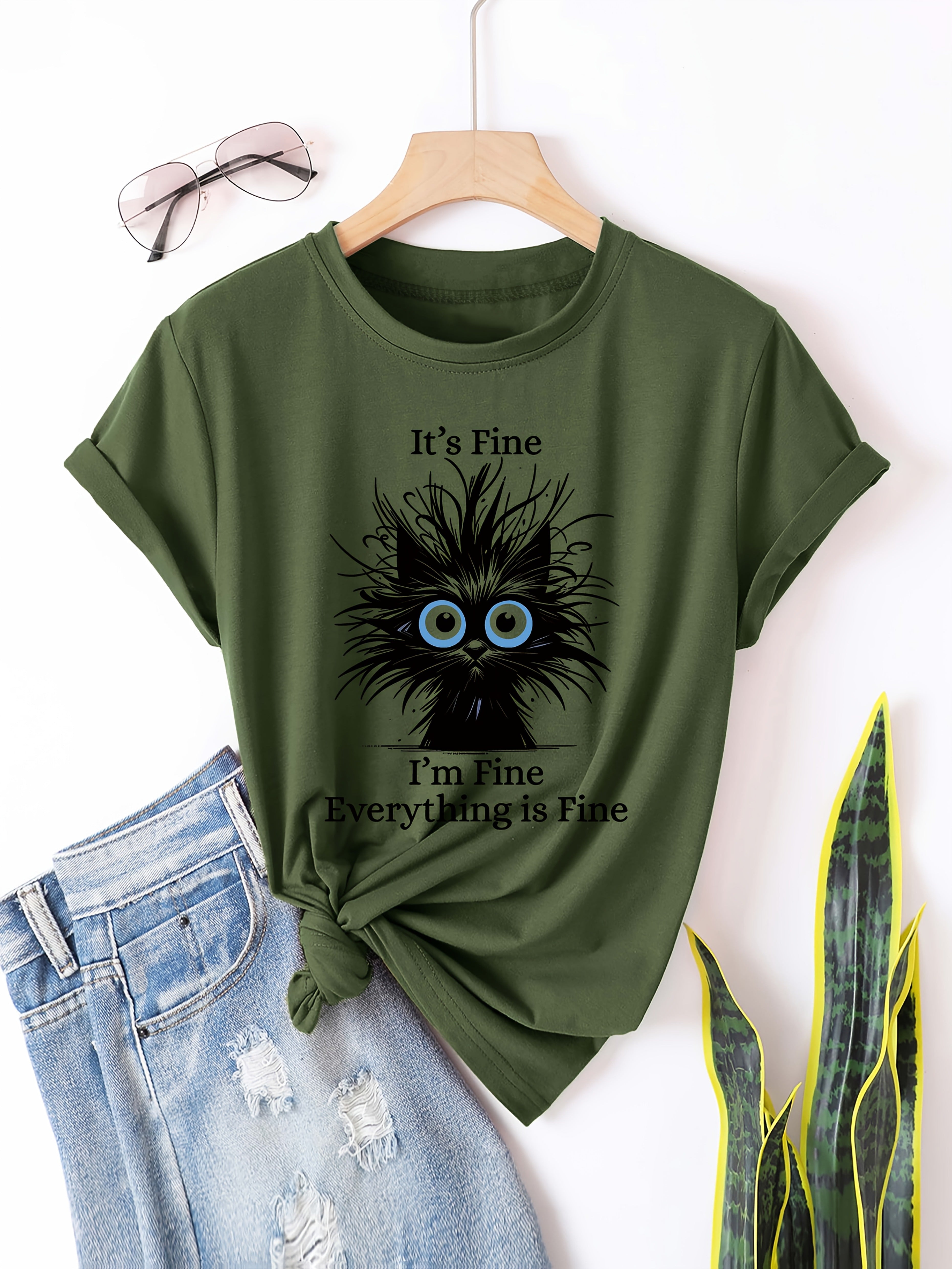 Women's Light Blue Casual Short Sleeve T-Shirt - "It's Fine I'm Fine Everything Is Fine" Sarcastic Cat Graphic Print, Round Neck Summer Fit, Medium Stretch Machine Washable Tee, Cat T Shirt, Everyday Apparel, Playful Design, Stretchy Fabric