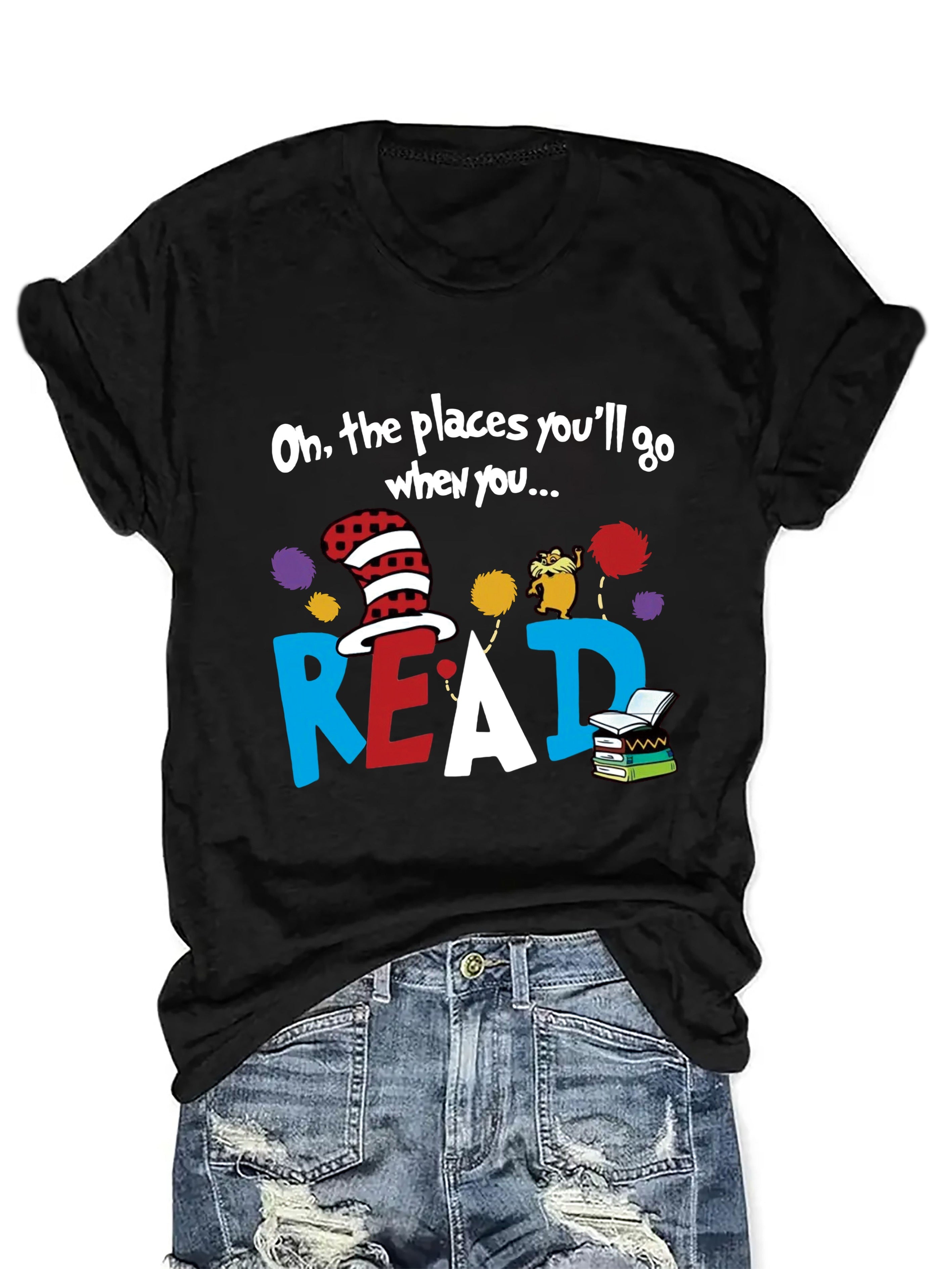 Women's Casual Short Sleeve T-Shirt - Vibrant Orange Cartoon Letter Print with Playful Book & Cat Design, "On the Places You'll Go" Graphic, Soft Stretch Round Neck Tee for Summer & All-Season Wear, Ladies T Shirts, Comfortable Tee, Playful Design,