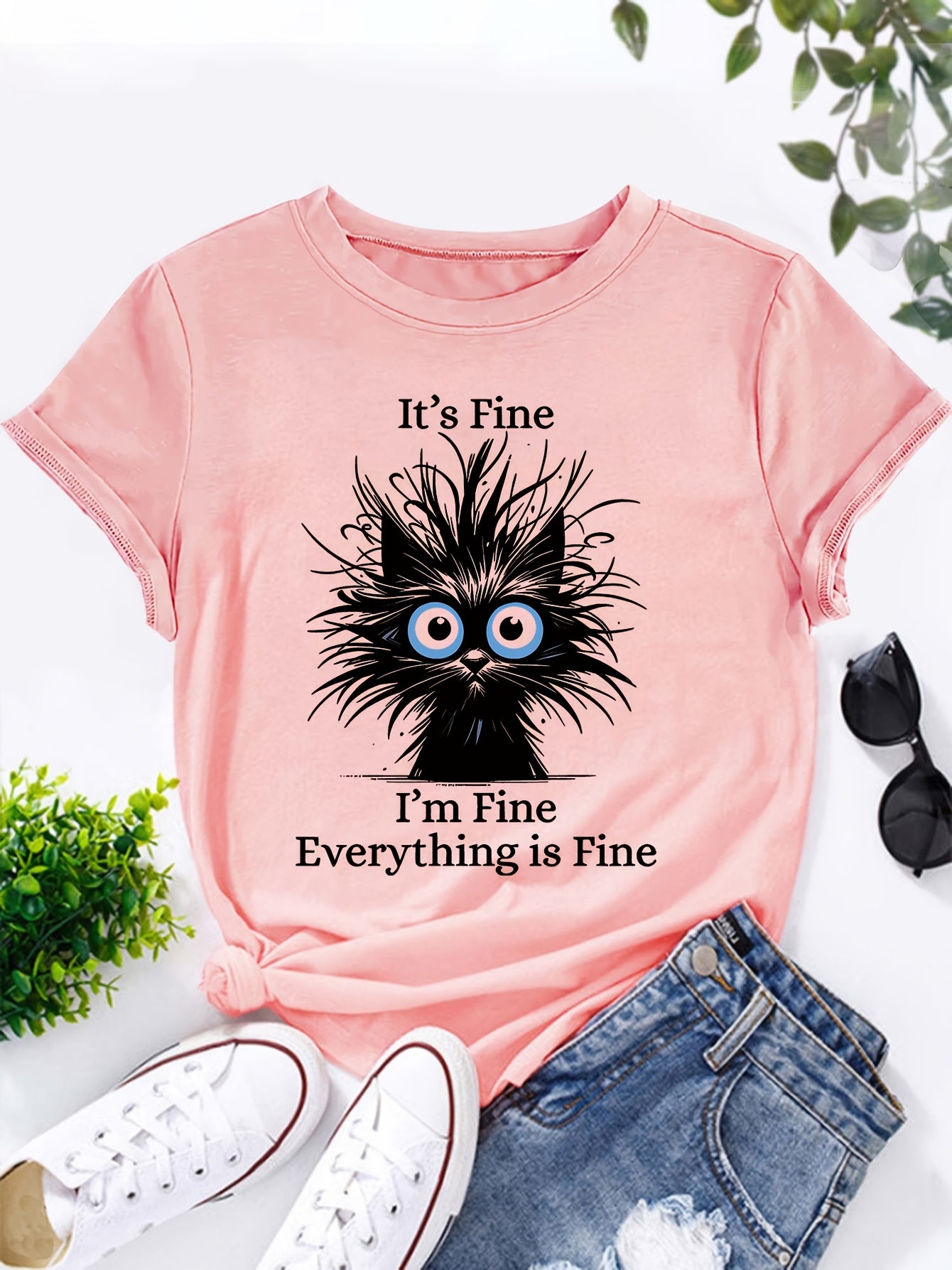 Women's Light Blue Casual Short Sleeve T-Shirt - "It's Fine I'm Fine Everything Is Fine" Sarcastic Cat Graphic Print, Round Neck Summer Fit, Medium Stretch Machine Washable Tee, Cat T Shirt, Everyday Apparel, Playful Design, Stretchy Fabric