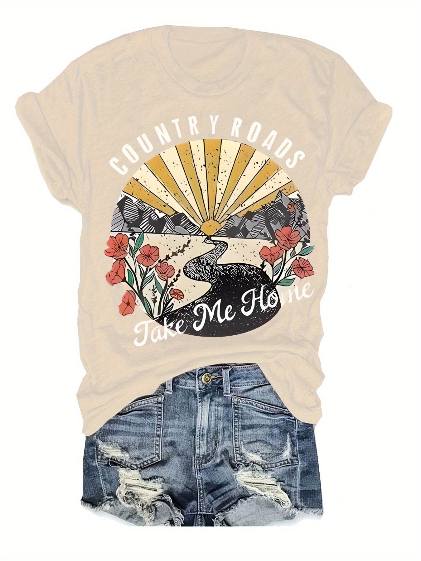 Women's Vibrant Red Graphic Print T-Shirt - Country Roads Take Me Home Design with Sun Rays, Birds & Floral Motifs, Short Sleeve Crew Neck Casual Top, Machine Washable Regular Fit for Summer & Spring, Everyday Comfort, Sunburst Design, Comfortable Tee