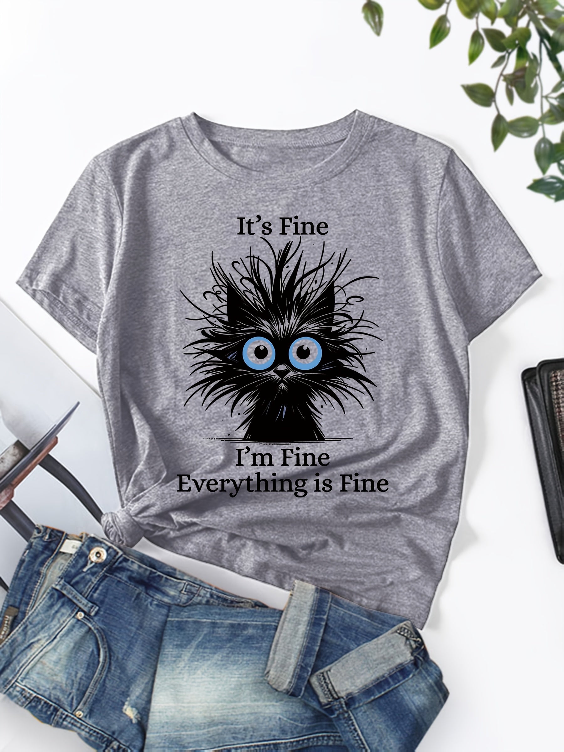 Women's Light Blue Casual Short Sleeve T-Shirt - "It's Fine I'm Fine Everything Is Fine" Sarcastic Cat Graphic Print, Round Neck Summer Fit, Medium Stretch Machine Washable Tee, Cat T Shirt, Everyday Apparel, Playful Design, Stretchy Fabric