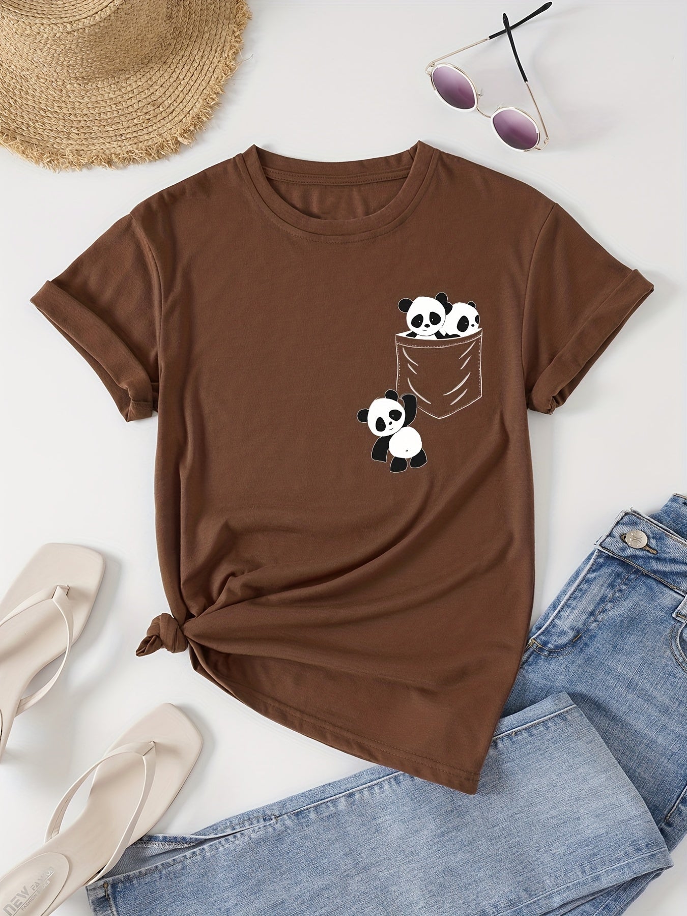 Panda Print Crew Neck T-Shirt, Casual Short Sleeve T-Shirt For Spring & Summer, Women's Clothing