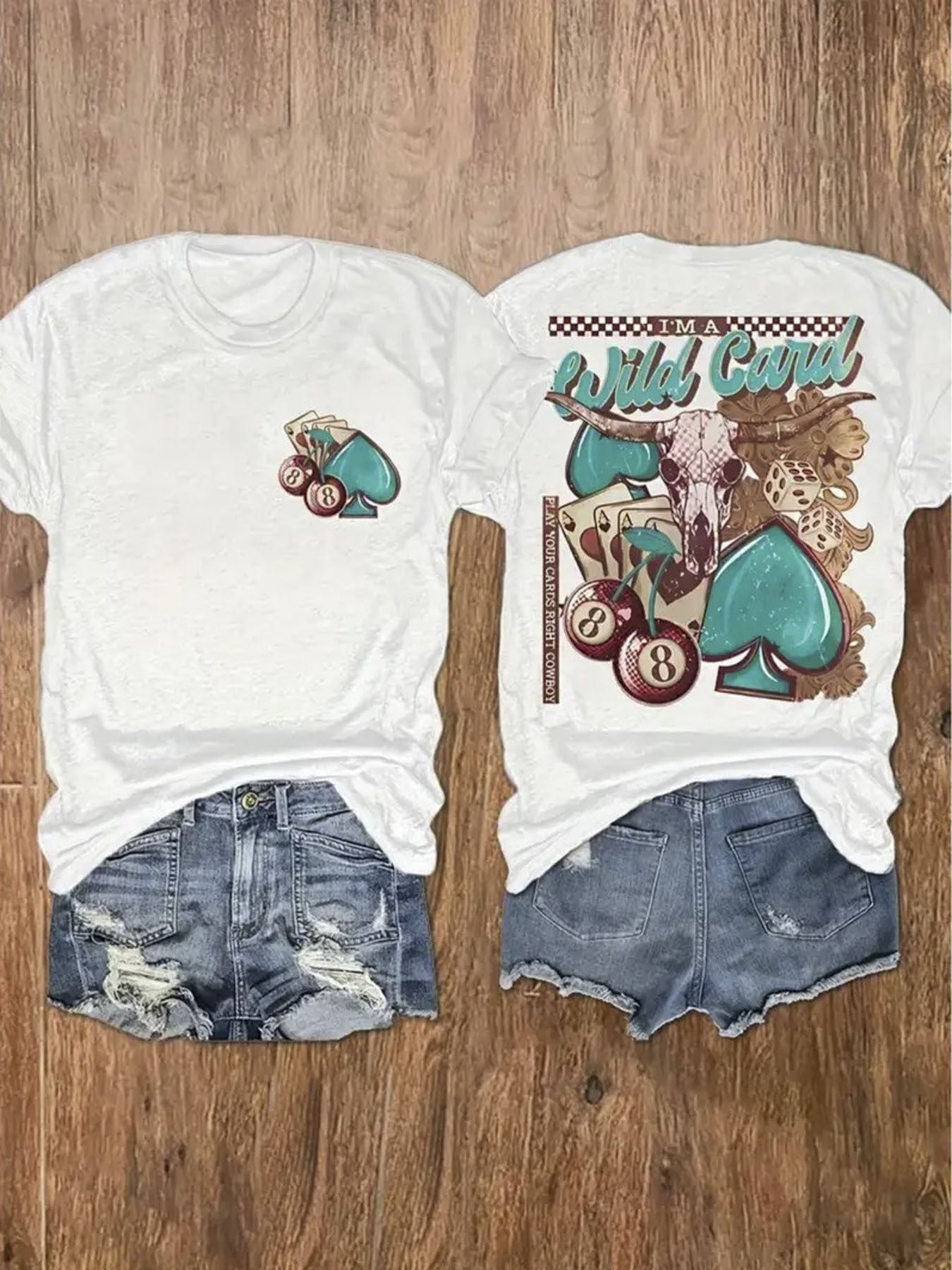 Women's Western Graphic T-Shirt - Loose Fit Cowboy Racing Design Tee, Wild Card & Checkered Print Casual Shirt for Country Western Theme Parties, Everyday Outfits - Machine Washable Soft Everyday Top, Cowboy Accessories, Summer Clothing, Comfortable