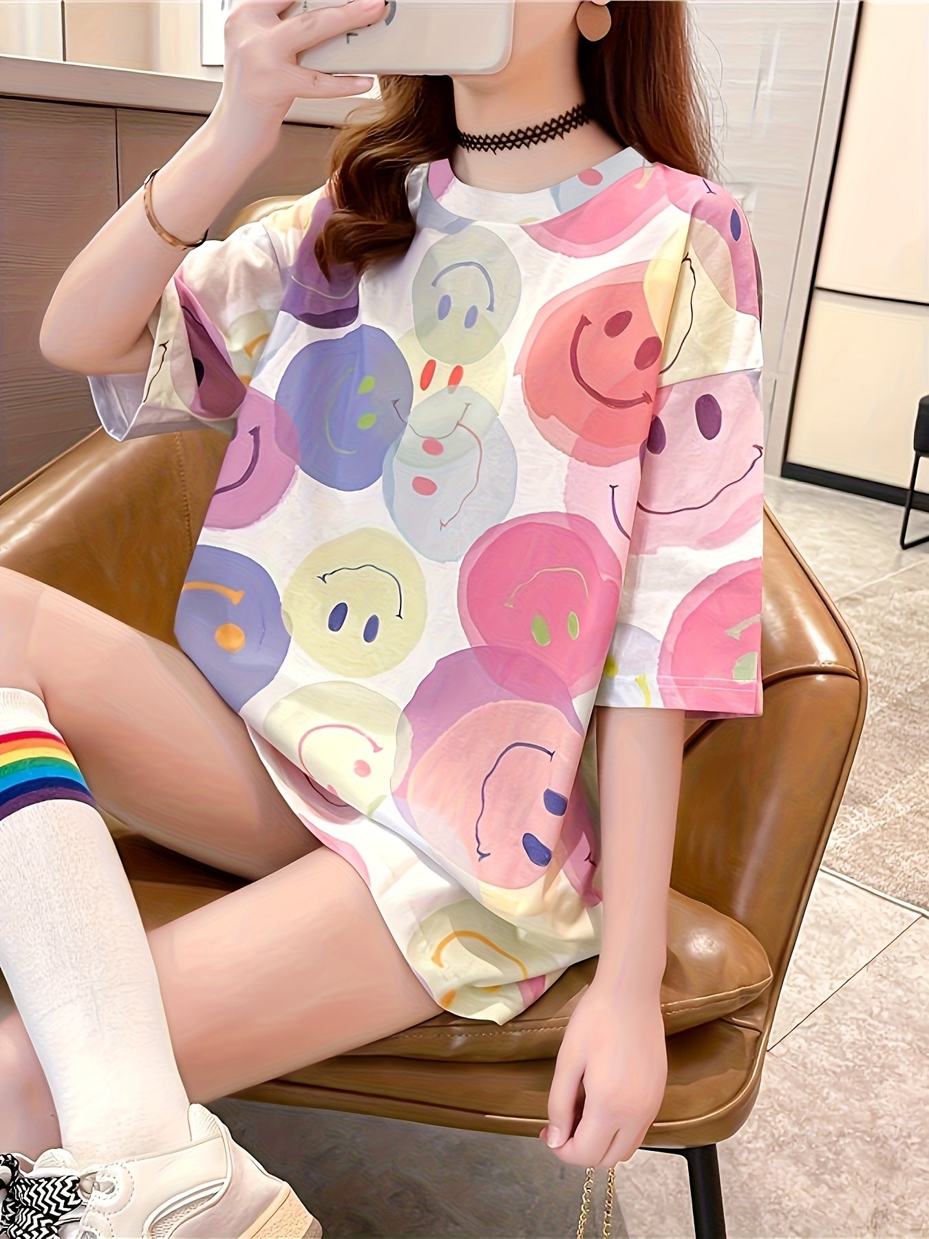 Women's Plus Size Slim Loose Fit Cartoon joyful Face Print T-Shirt - Medium Stretch Longline Casual Top, Breathable Round Neck Short Sleeve for Spring Summer Fall, Machine Washable, Cute T Shirts, Comfortable Clothing, Nontransparent Material
