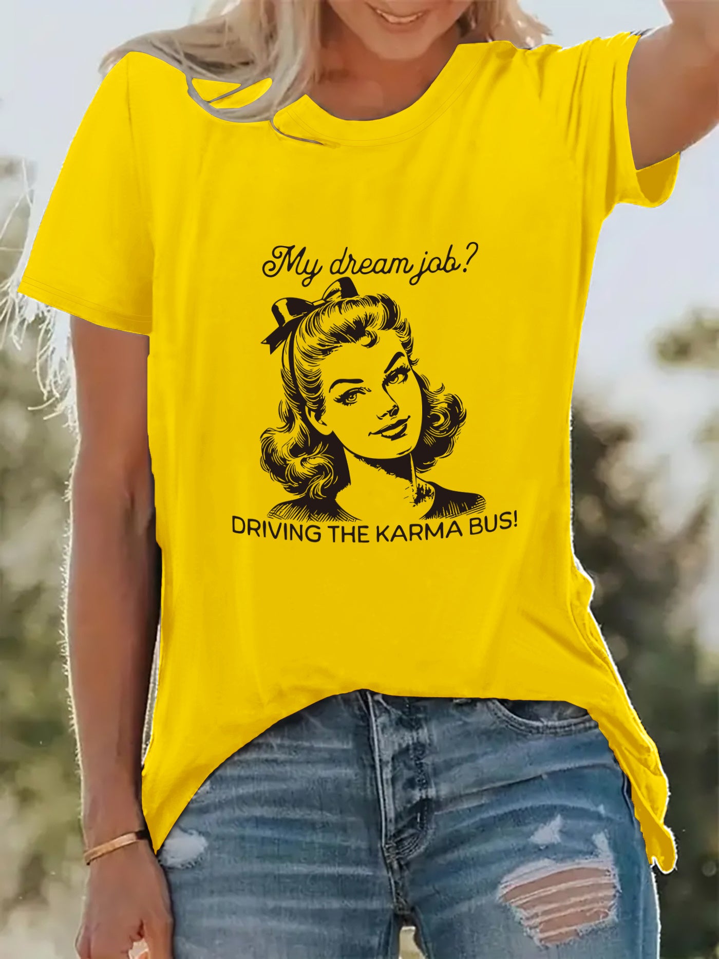 Women'S "My Dream Job? Driving the Karmabus!" Graphic Tee - Casual Crew Neck, Stretchy Polyester Blend, Short Sleeve, Machine Washable - Perfect for Spring & Summer Vacations, Vacation Clothing | Playful Print | Comfortable Fit, Ladies T Shirts