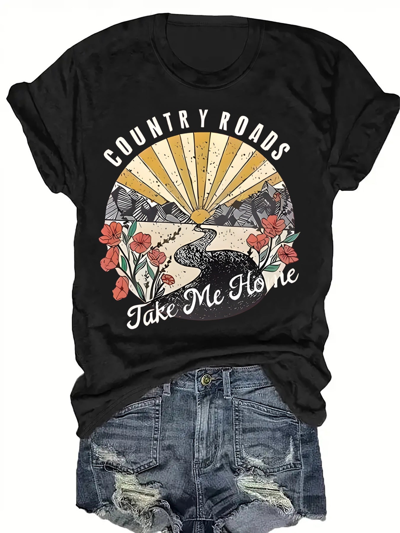Women's Vibrant Red Graphic Print T-Shirt - Country Roads Take Me Home Design with Sun Rays, Birds & Floral Motifs, Short Sleeve Crew Neck Casual Top, Machine Washable Regular Fit for Summer & Spring, Everyday Comfort, Sunburst Design, Comfortable Tee