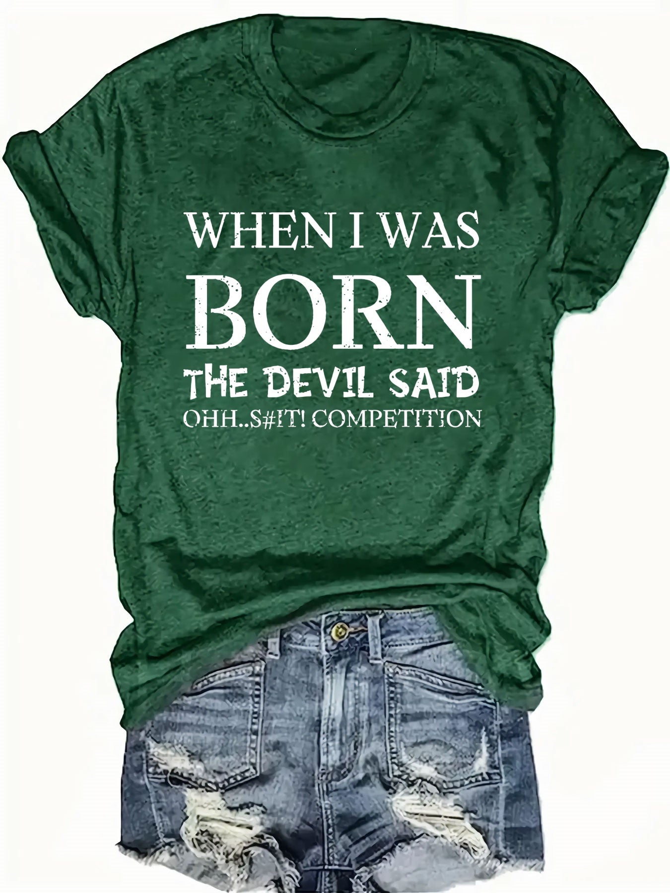 Women's "When I Was Born The Devil Said 'Oh Shit'" Graphic T-Shirt - 100% Polyester Lightweight 180gsm Crew Neck Casual Top with Distressed Letter Print, Machine Washable All-Season Tee