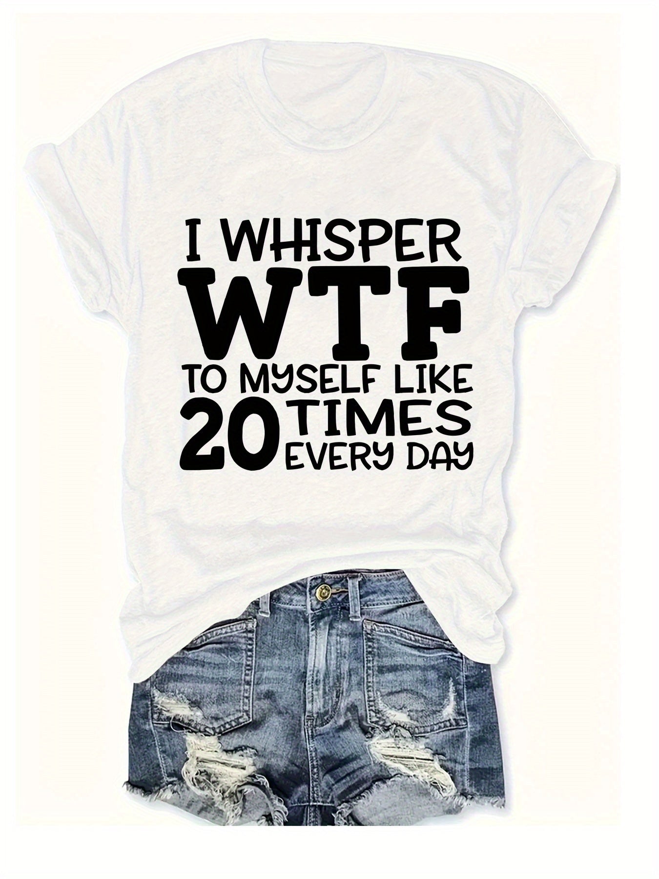 [Casual Polyester T-Shirt] Polyester Women's Casual T-Shirt | "I Whisper WTF" Letter Print, Short Sleeve Crew Neck Top, Knit Fabric, Regular Length - 100% Polyester, 180g/m², All Seasons