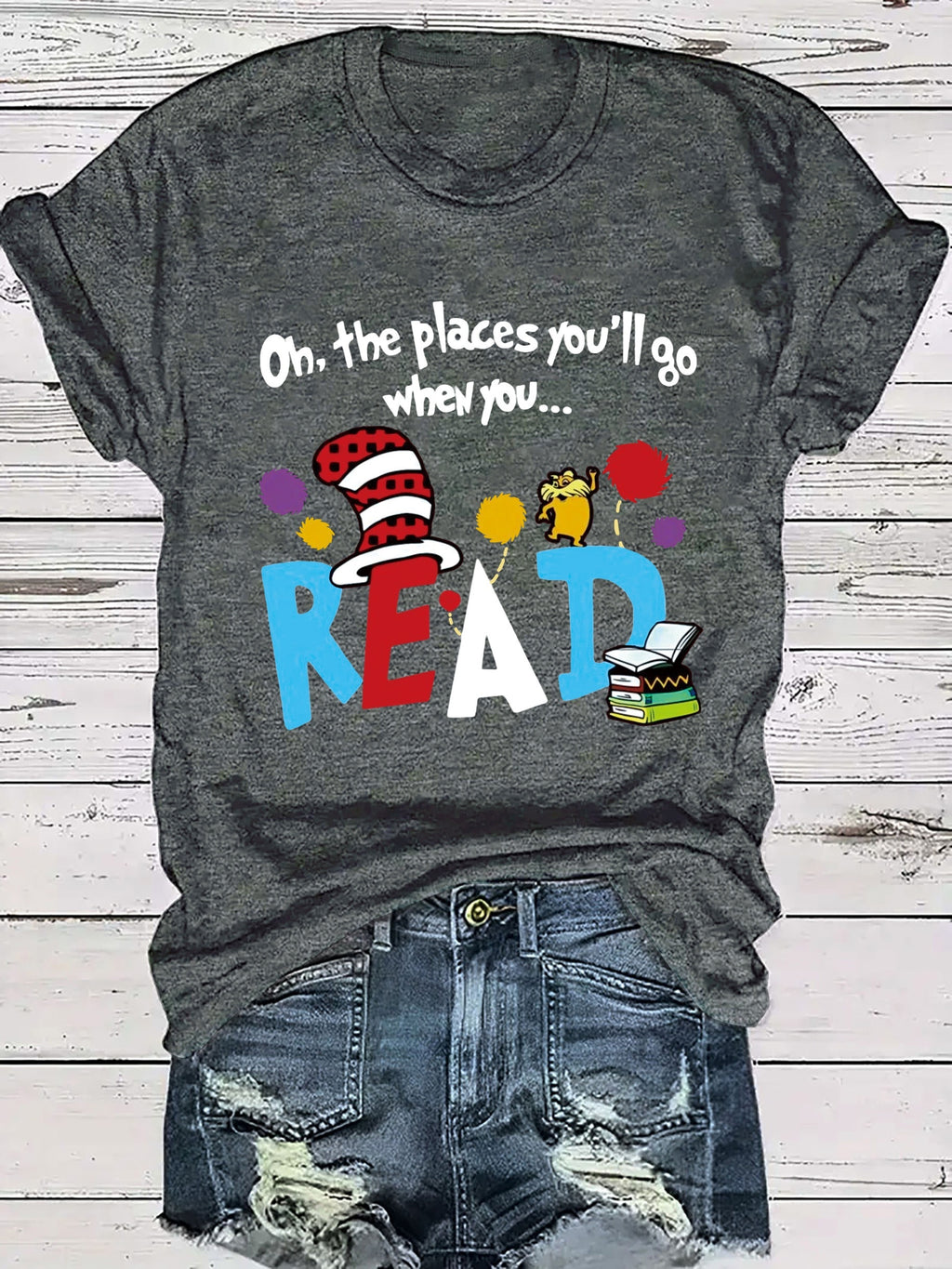 Women's Casual Short Sleeve T-Shirt - Vibrant Orange Cartoon Letter Print with Playful Book & Cat Design, "On the Places You'll Go" Graphic, Soft Stretch Round Neck Tee for Summer & All-Season Wear, Ladies T Shirts, Comfortable Tee, Playful Design,
