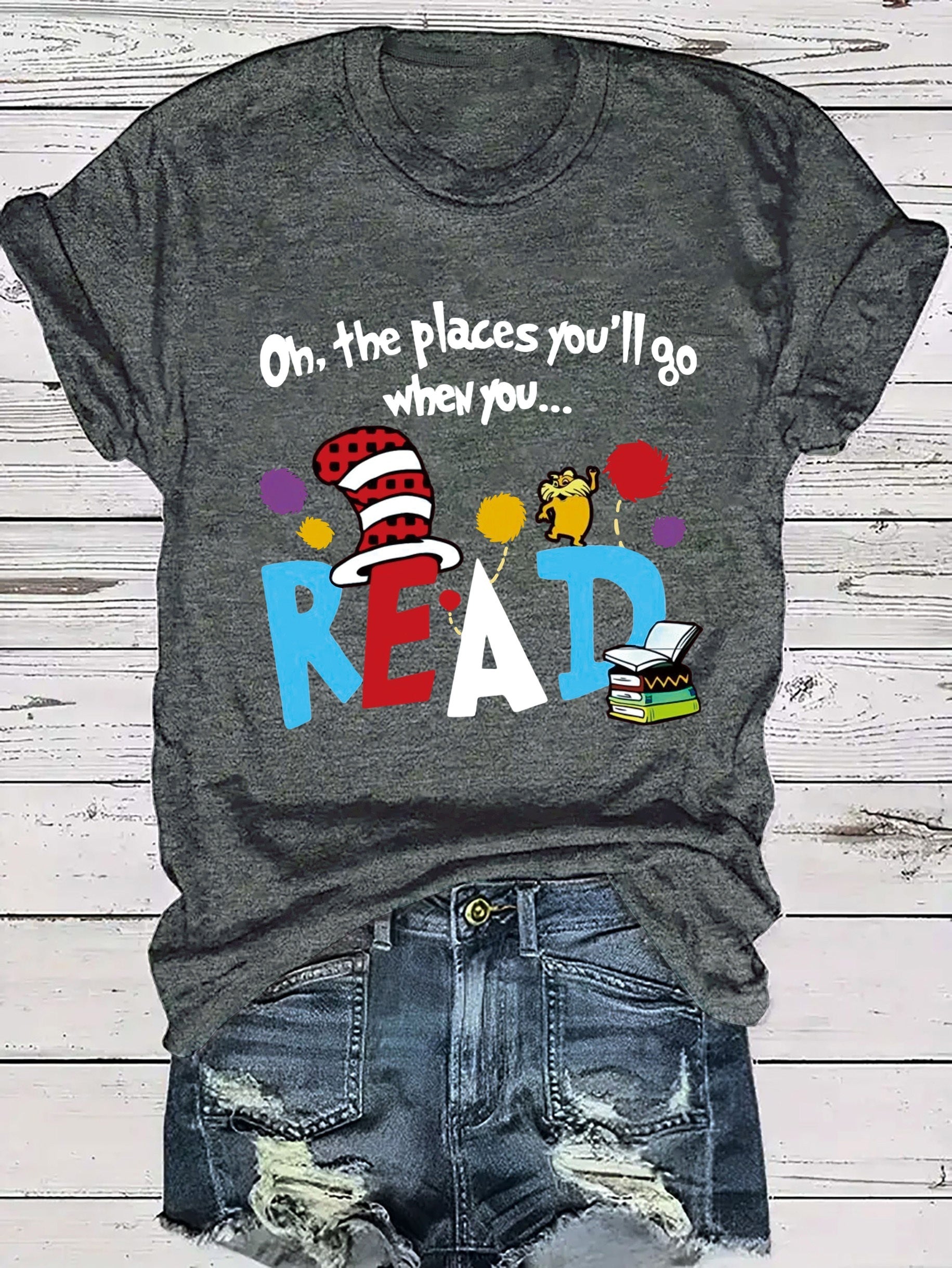 Women's Casual Short Sleeve T-Shirt - Vibrant Orange Cartoon Letter Print with Playful Book & Cat Design, "On the Places You'll Go" Graphic, Soft Stretch Round Neck Tee for Summer & All-Season Wear, Ladies T Shirts, Comfortable Tee, Playful Design,