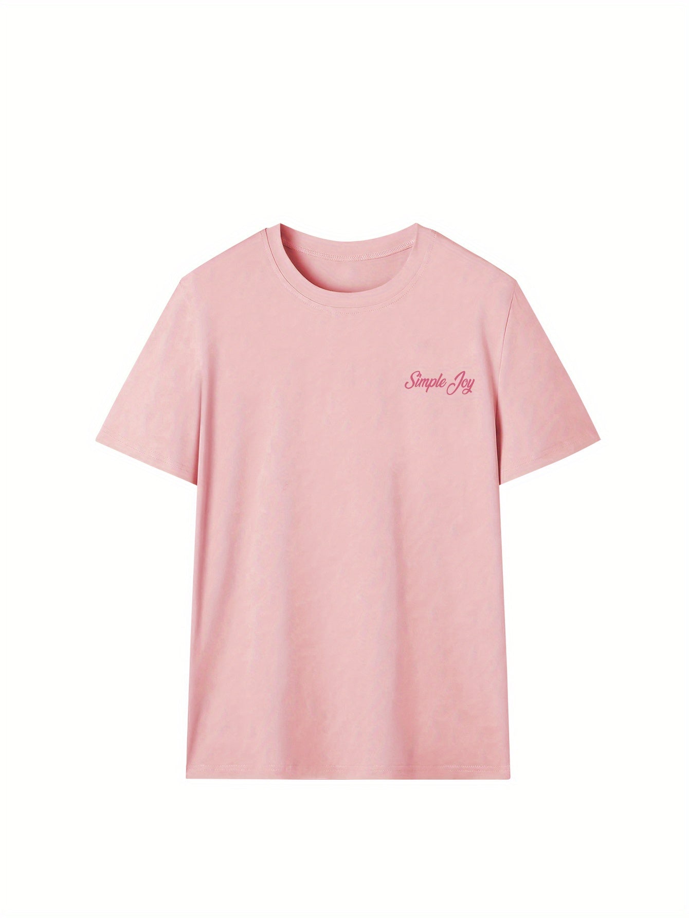 Women's Light Pink Floral & "Simple Joy" Letter Print T-Shirt - Summer Short Sleeve Round Neck Loose Fit Casual Top with Orchid Design, Breathable Everyday Shirt for Spring/Summer Outfits, Relaxed Style, Spring Fashion, Comfortable Fabric, Lightweight