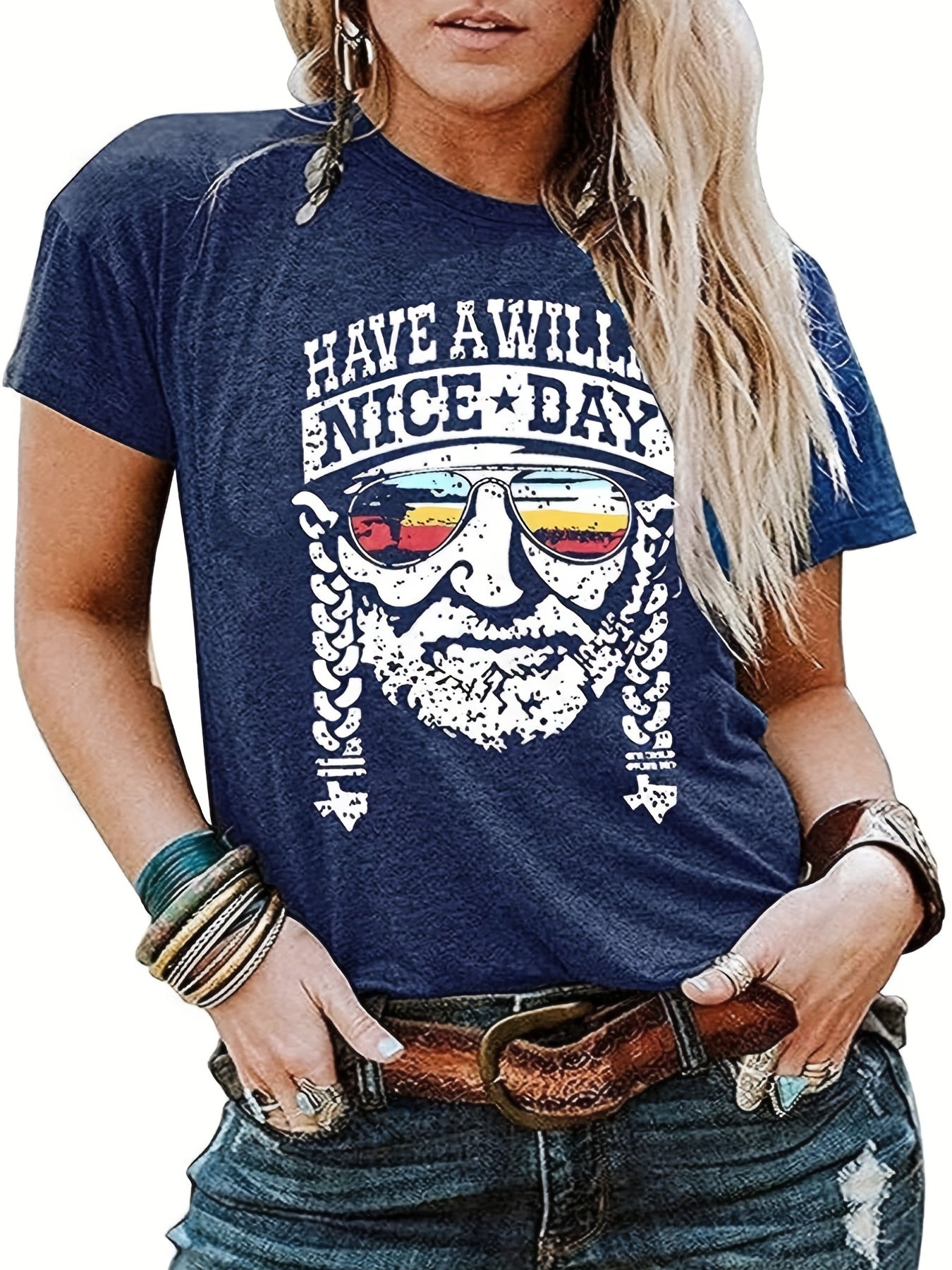 Women's Vintage Portrait Print Crew Neck T-Shirt - Smooth Polyester Micro Elasticity, Casual All-Season Top | Machine Wash Safe | Slight Stretch for Comfort
